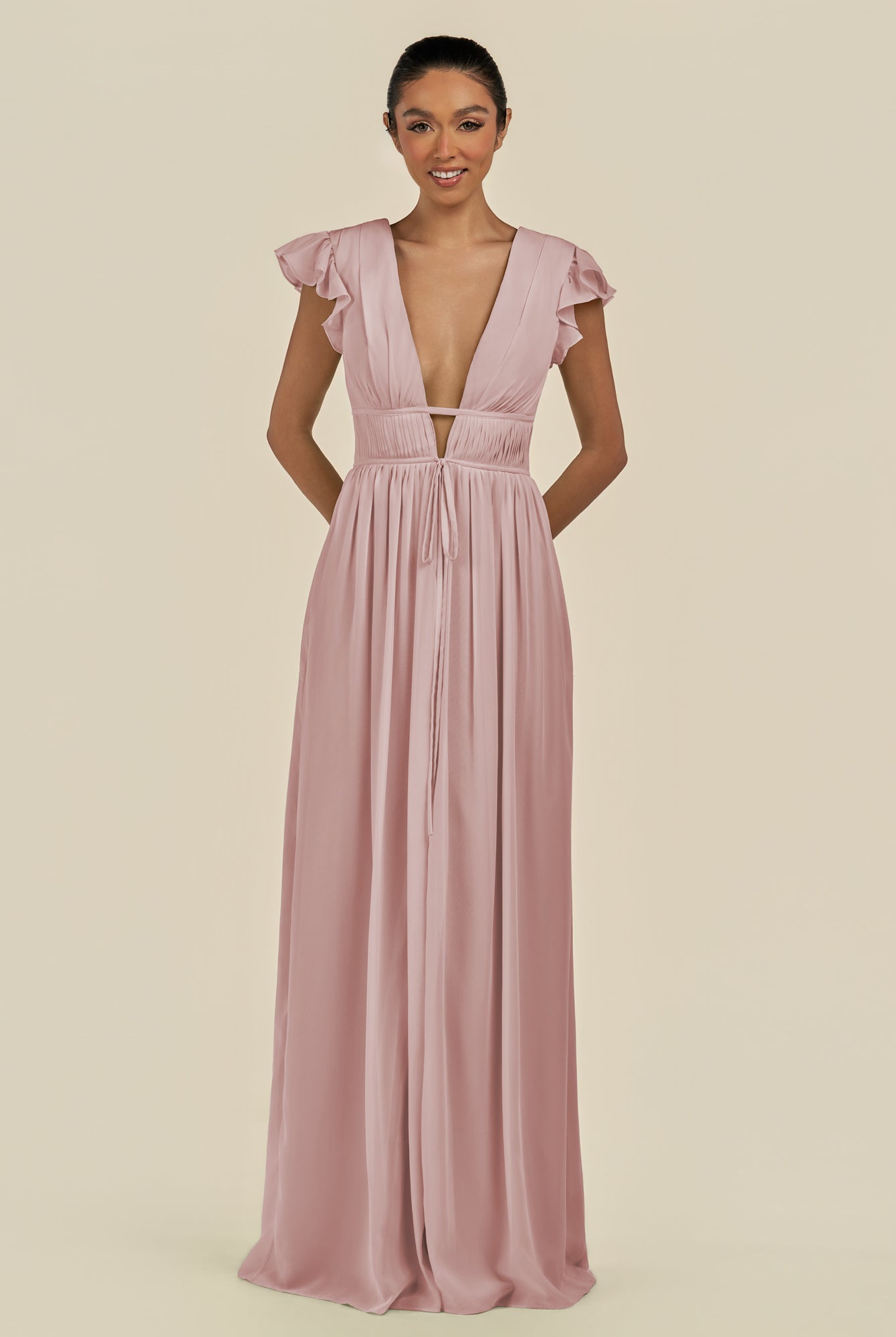 KissDress-Fienna Dusty Rose A Line Chiffon Deep V Neck Long Bridesmaid Dress with Flutter Sleeves