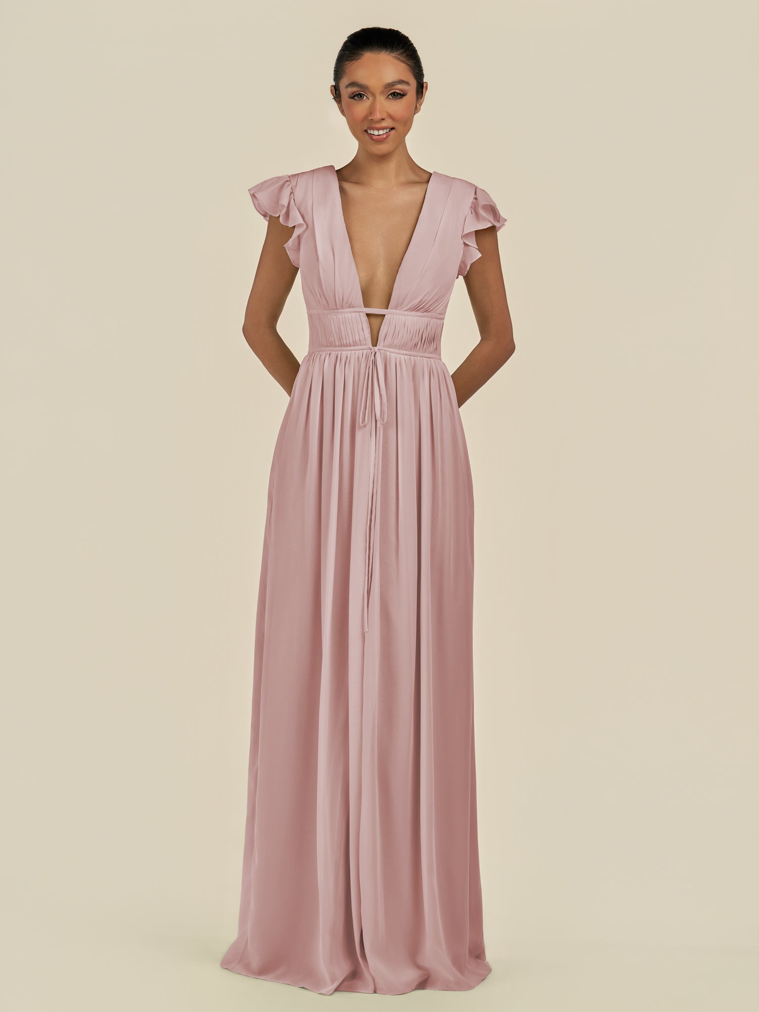 KissDress-Fienna Dusty Rose A Line Chiffon Deep V Neck Long Bridesmaid Dress with Flutter Sleeves