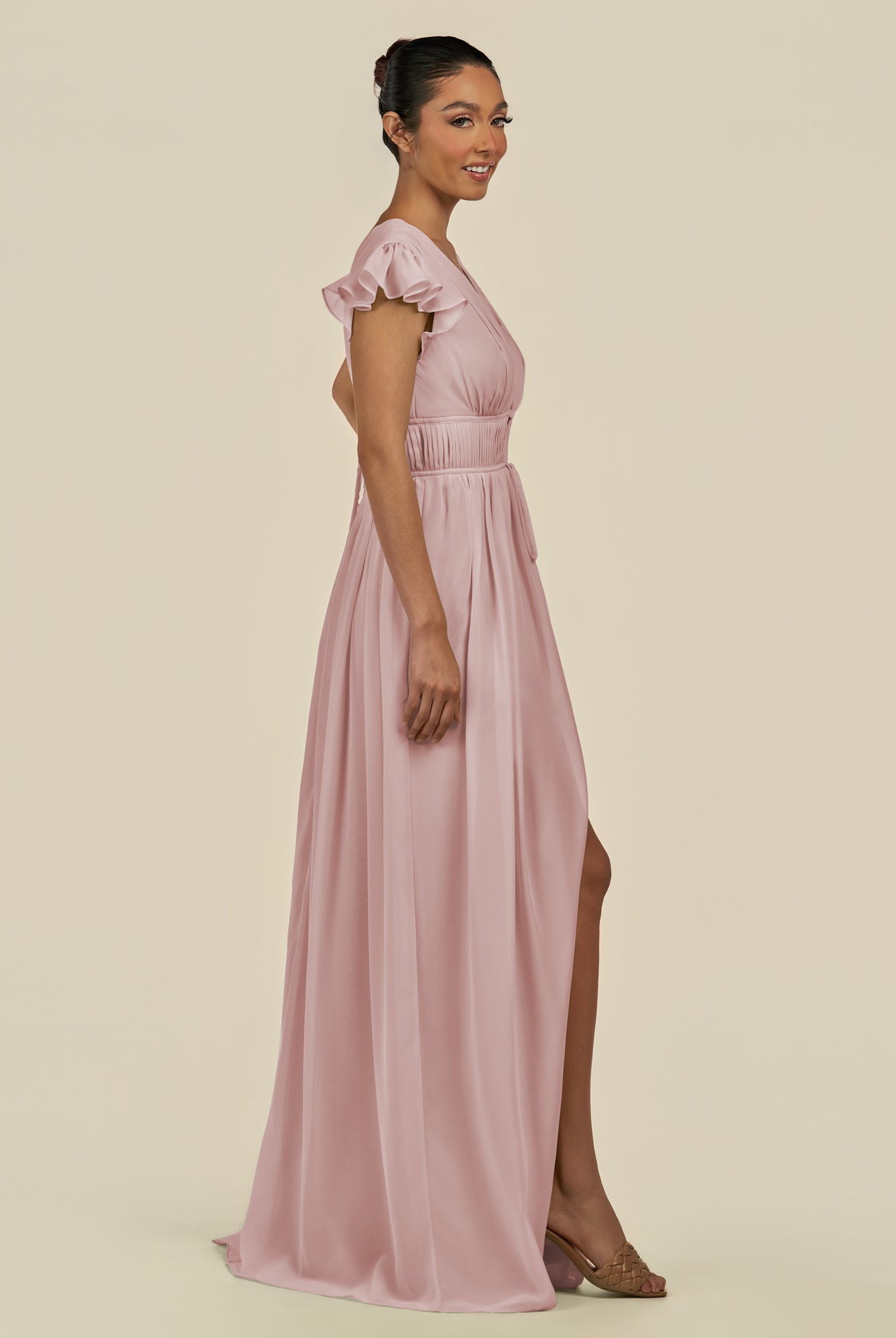 KissDress-Fienna Dusty Rose A Line Chiffon Deep V Neck Long Bridesmaid Dress with Flutter Sleeves