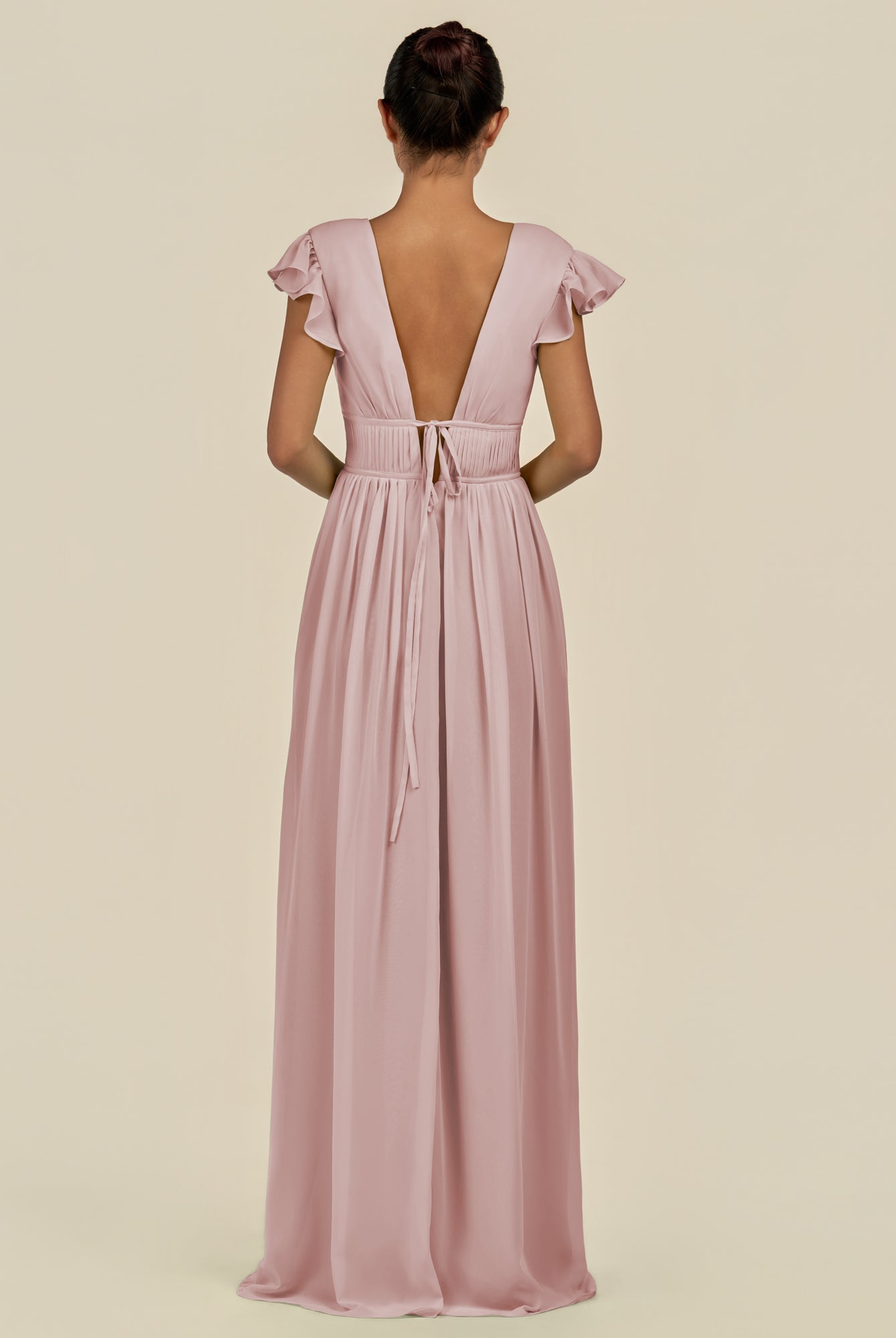 KissDress-Fienna Dusty Rose A Line Chiffon Deep V Neck Long Bridesmaid Dress with Flutter Sleeves