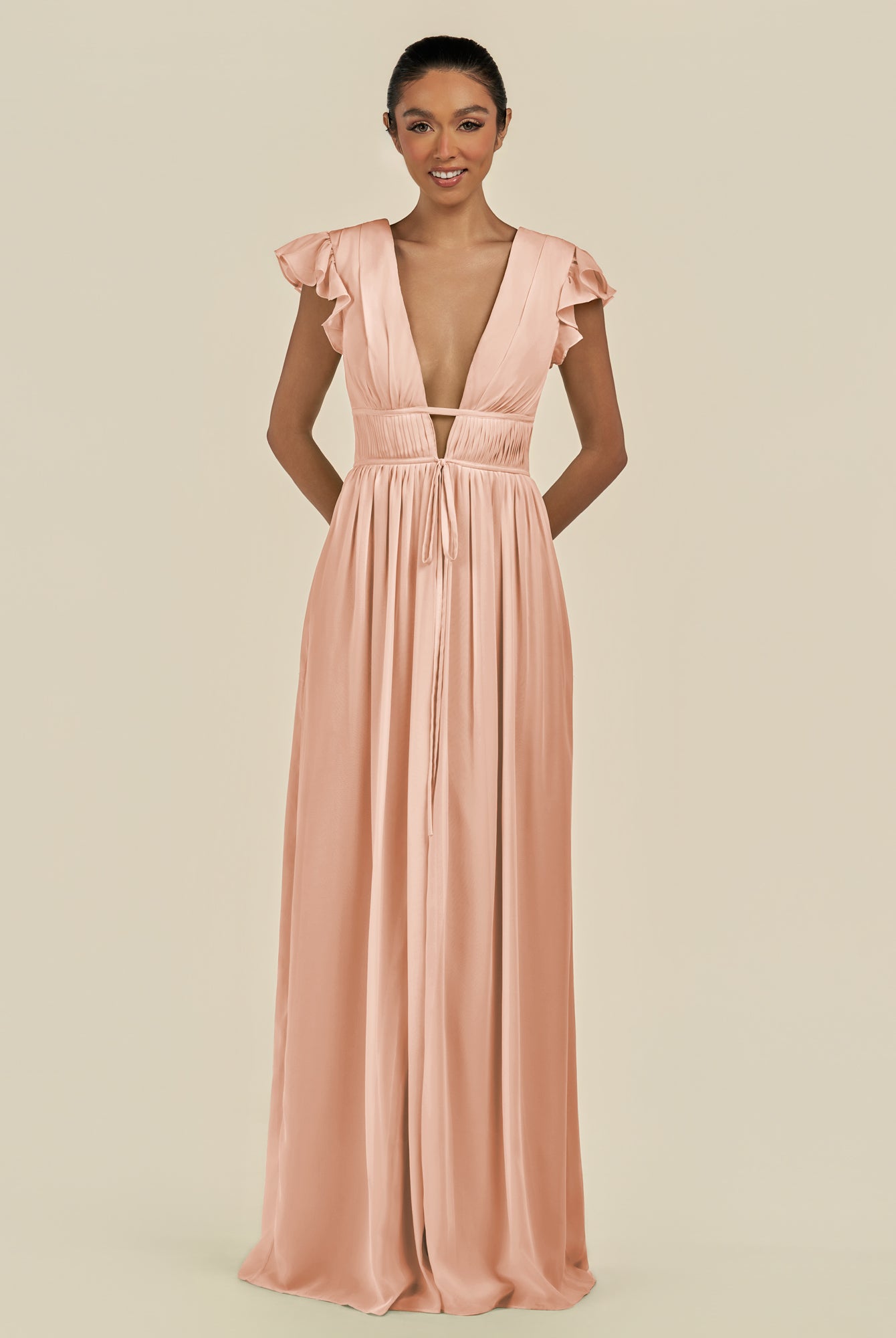 KissDress-Fienna English Rose A Line Chiffon Deep V Neck Long Bridesmaid Dress with Flutter Sleeves
