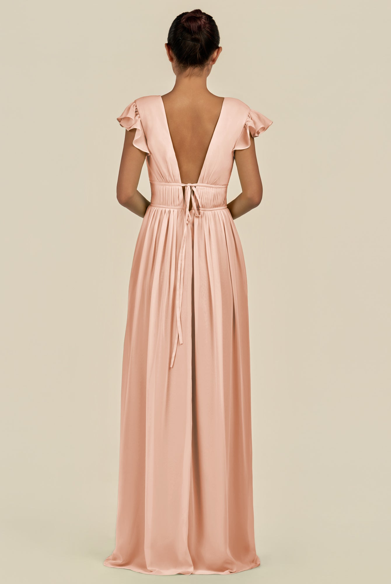KissDress-Fienna English Rose A Line Chiffon Deep V Neck Long Bridesmaid Dress with Flutter Sleeves