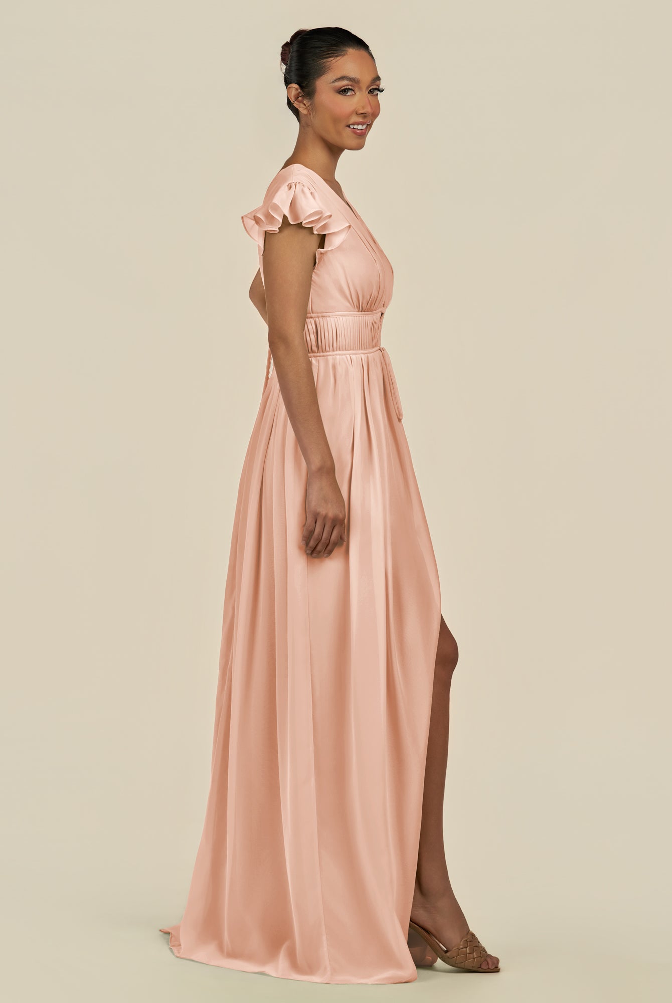 KissDress-Fienna English Rose A Line Chiffon Deep V Neck Long Bridesmaid Dress with Flutter Sleeves