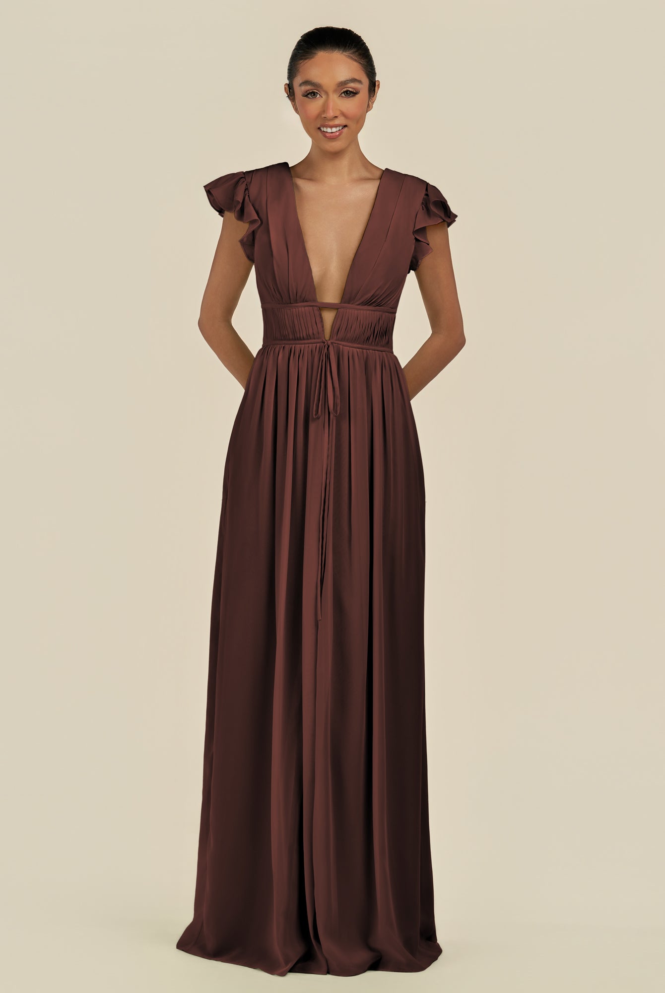 KissDress-Fienna Espresso A Line Chiffon Deep V Neck Long Bridesmaid Dress with Flutter Sleeves