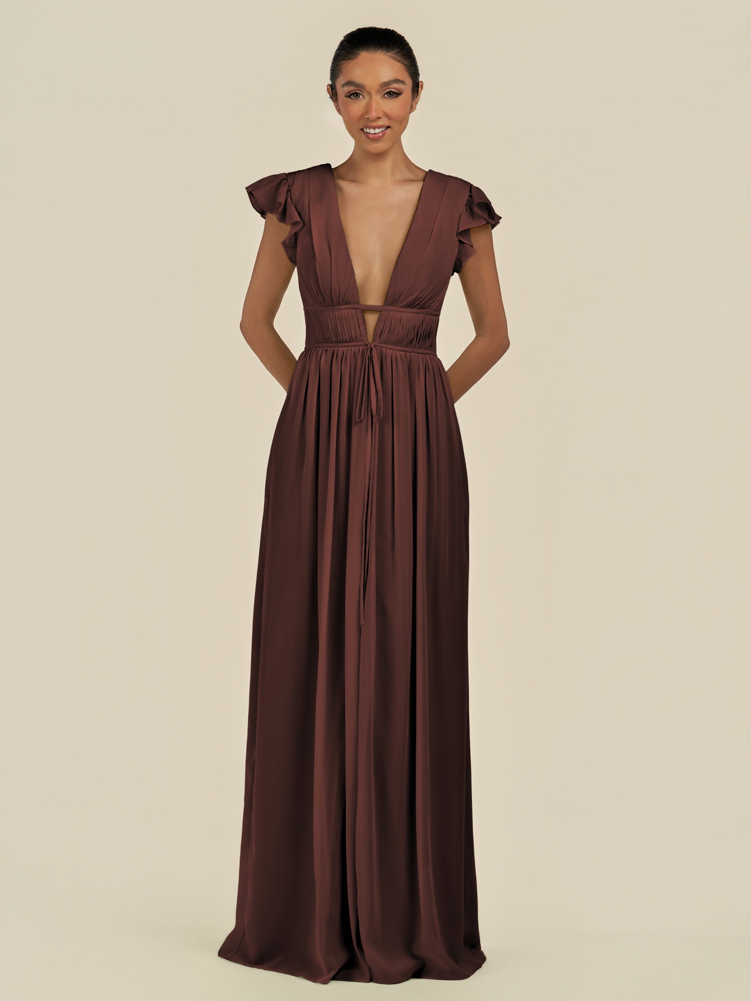 KissDress-Fienna Espresso A Line Chiffon Deep V Neck Long Bridesmaid Dress with Flutter Sleeves