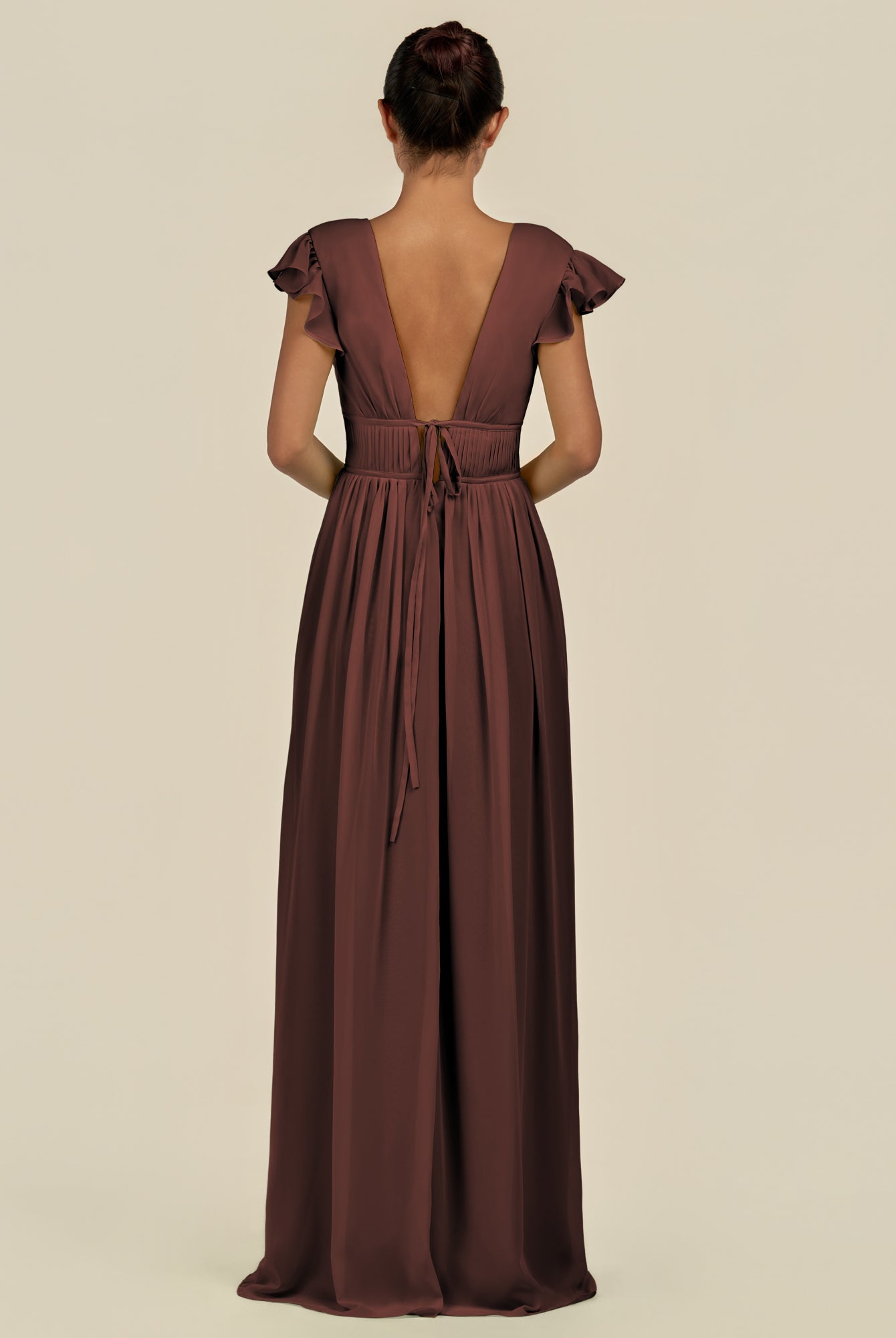 KissDress-Fienna Espresso A Line Chiffon Deep V Neck Long Bridesmaid Dress with Flutter Sleeves
