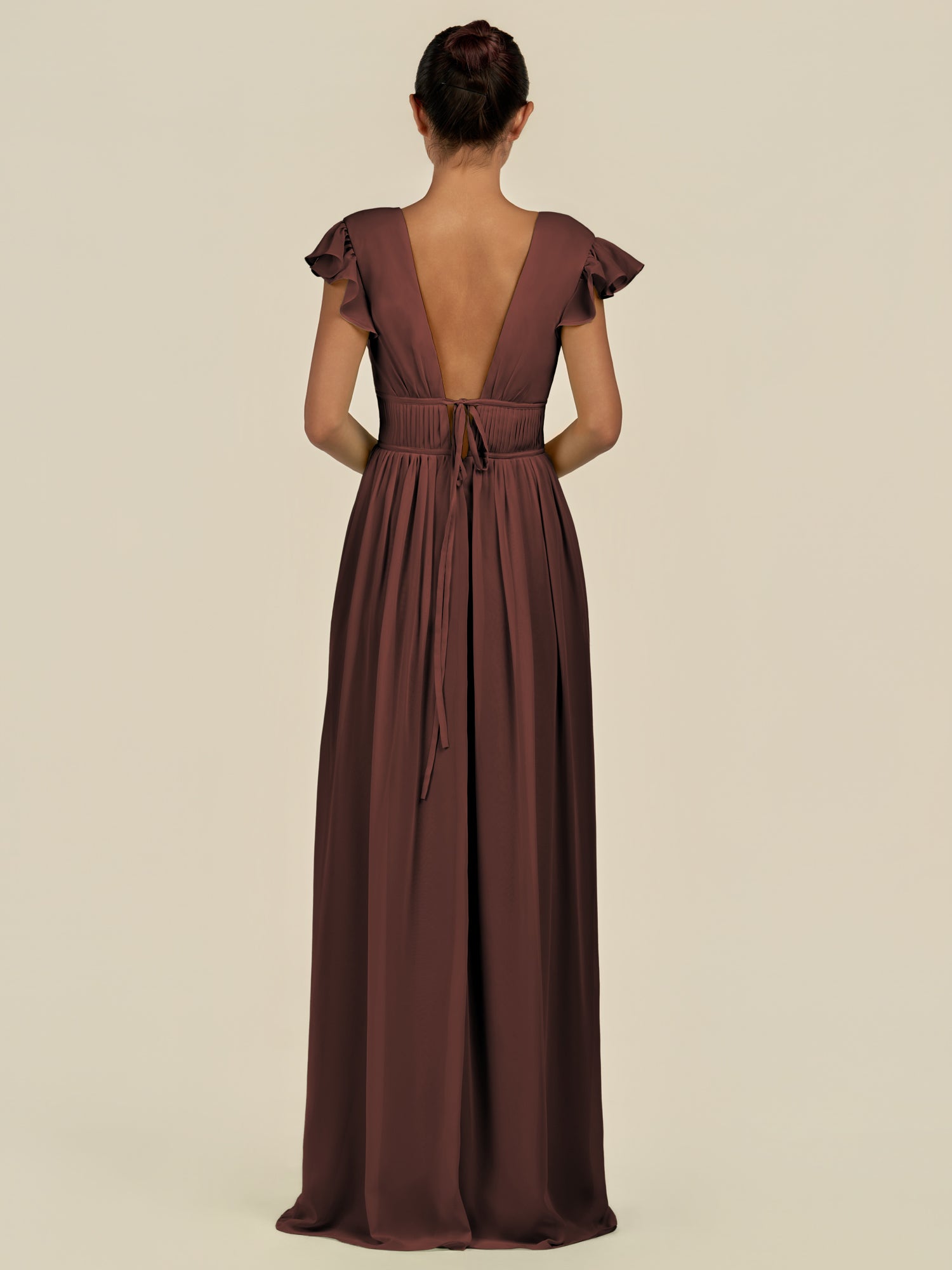 KissDress-Fienna Espresso A Line Chiffon Deep V Neck Long Bridesmaid Dress with Flutter Sleeves
