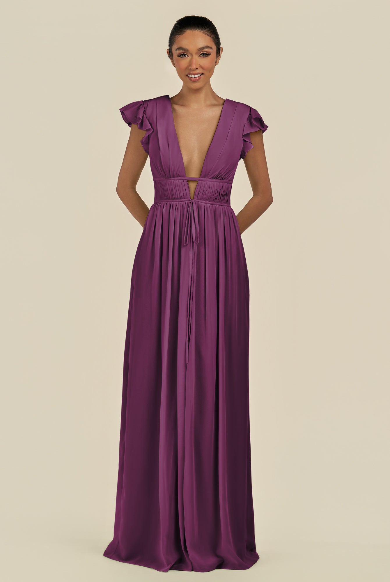 KissDress-Fienna Fig A Line Chiffon Deep V Neck Long Bridesmaid Dress with Flutter Sleeves