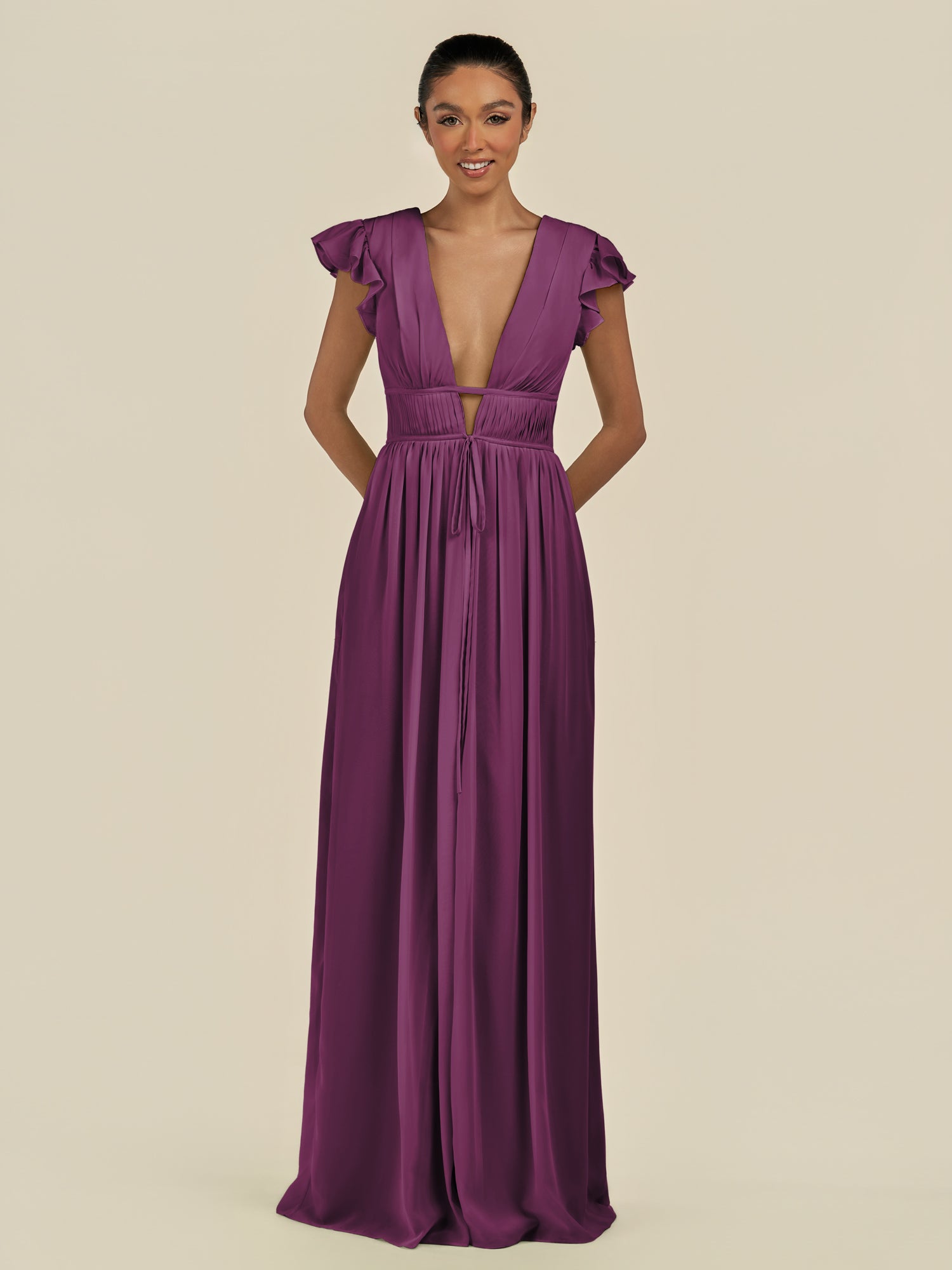 KissDress-Fienna Fig A Line Chiffon Deep V Neck Long Bridesmaid Dress with Flutter Sleeves
