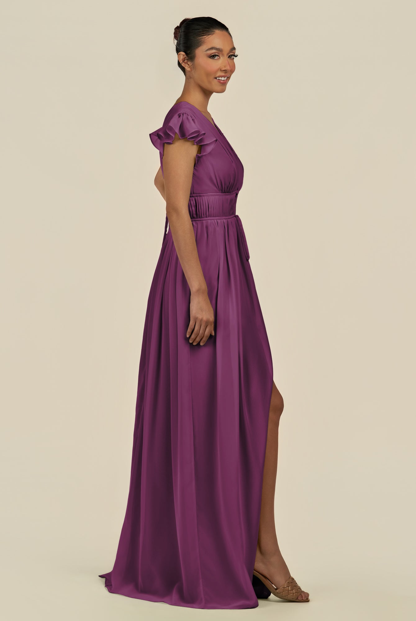 KissDress-Fienna Fig A Line Chiffon Deep V Neck Long Bridesmaid Dress with Flutter Sleeves