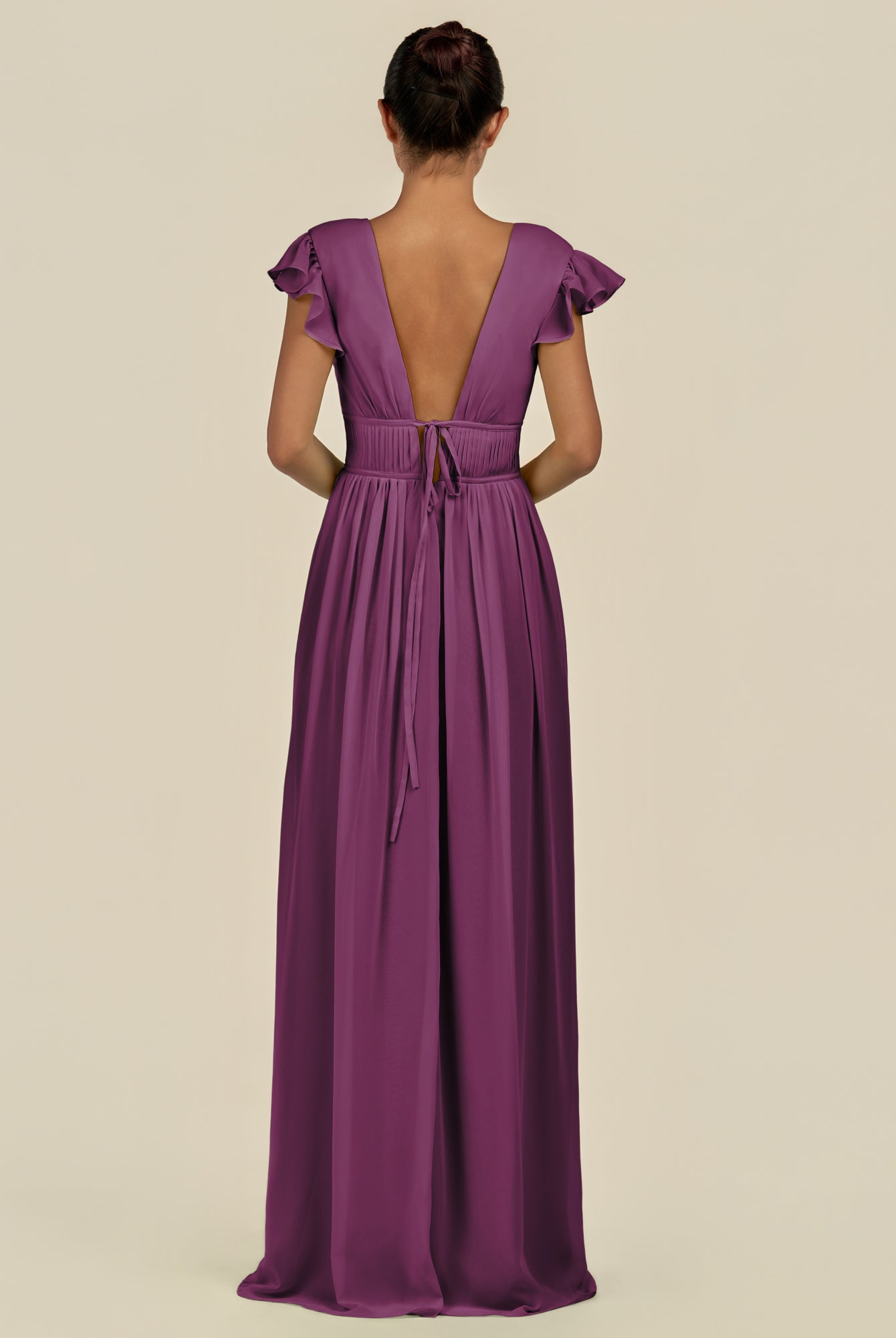 KissDress-Fienna Fig A Line Chiffon Deep V Neck Long Bridesmaid Dress with Flutter Sleeves