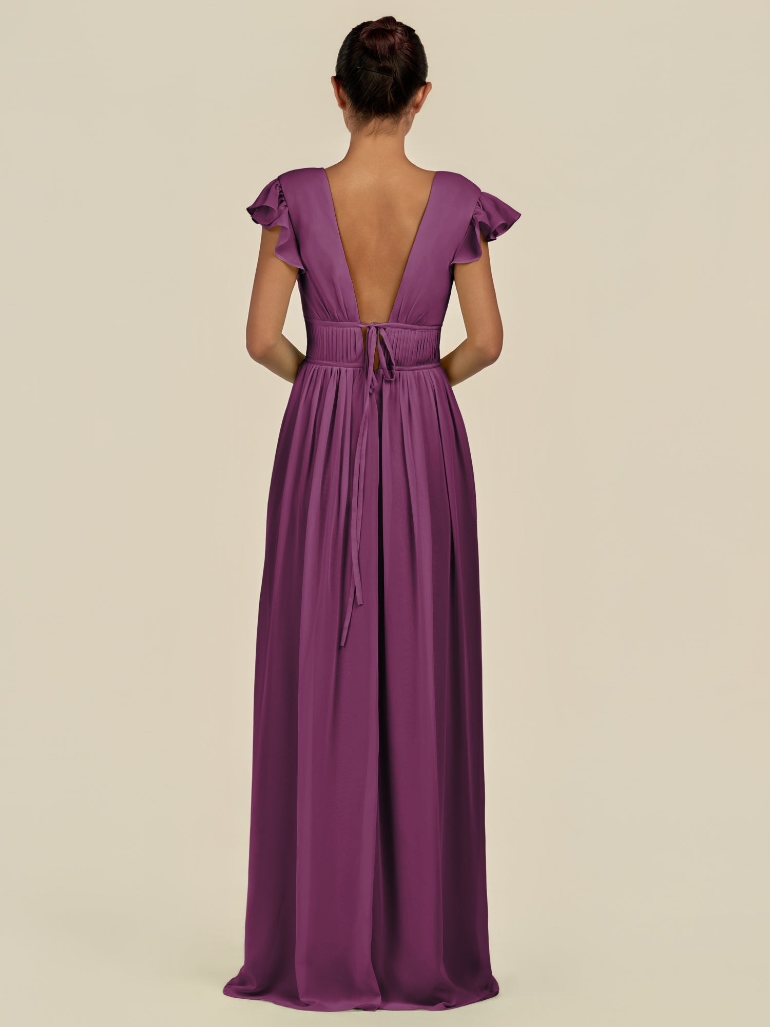 KissDress-Fienna Fig A Line Chiffon Deep V Neck Long Bridesmaid Dress with Flutter Sleeves
