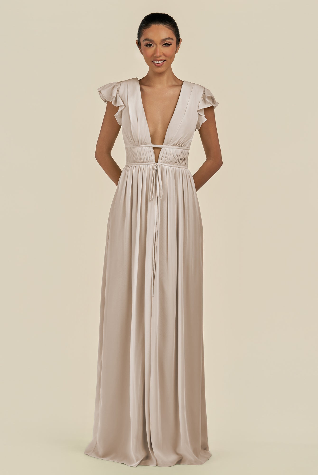 KissDress-Fienna Frost A Line Chiffon Deep V Neck Long Bridesmaid Dress with Flutter Sleeves