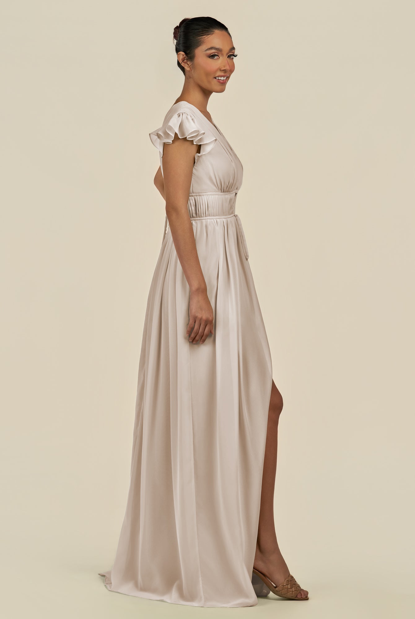 KissDress-Fienna Frost A Line Chiffon Deep V Neck Long Bridesmaid Dress with Flutter Sleeves