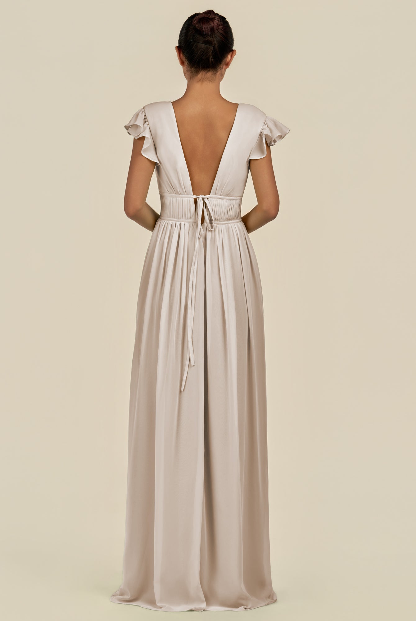 KissDress-Fienna Frost A Line Chiffon Deep V Neck Long Bridesmaid Dress with Flutter Sleeves