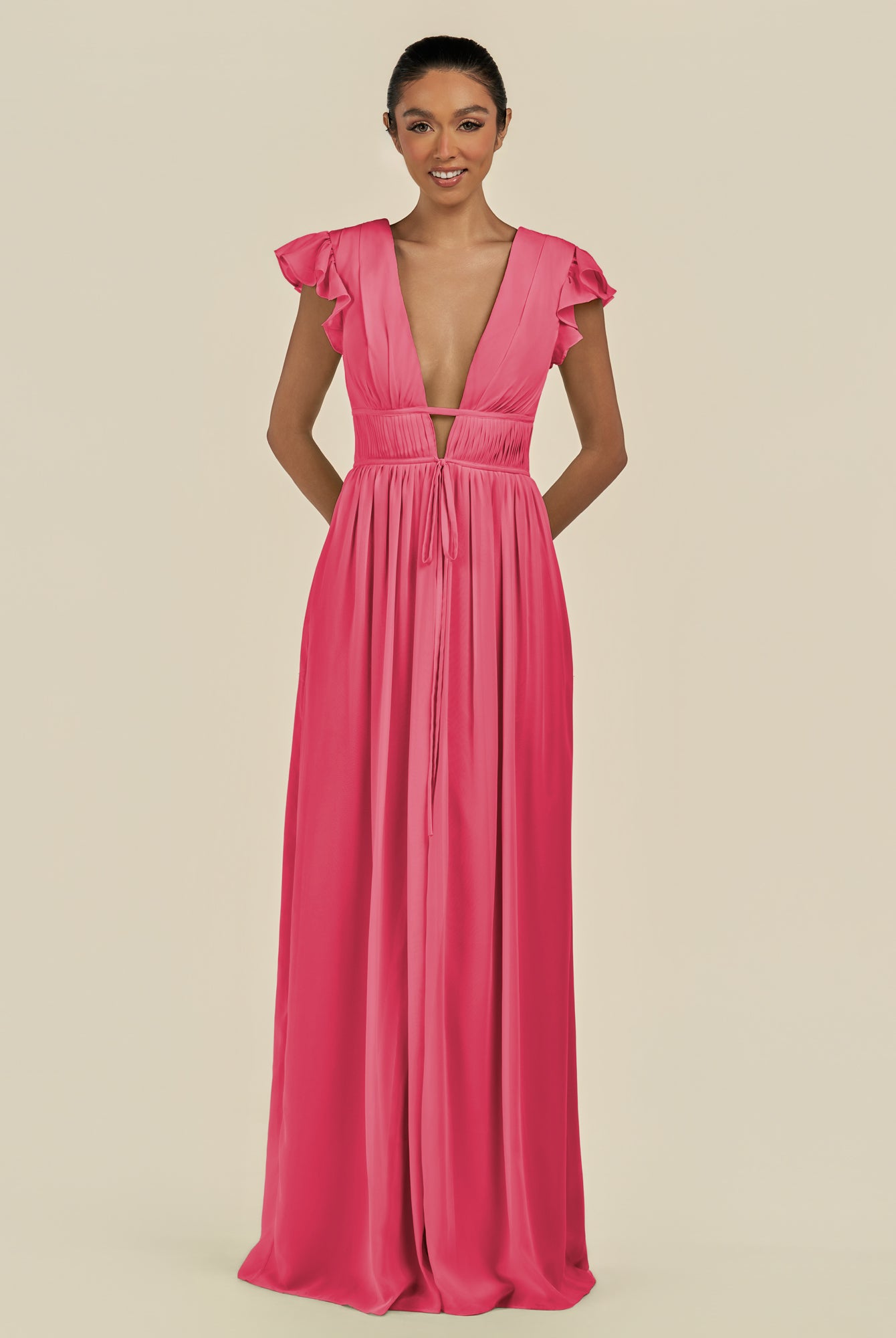 KissDress-Fienna Fuchsia A Line Chiffon Deep V Neck Long Bridesmaid Dress with Flutter Sleeves