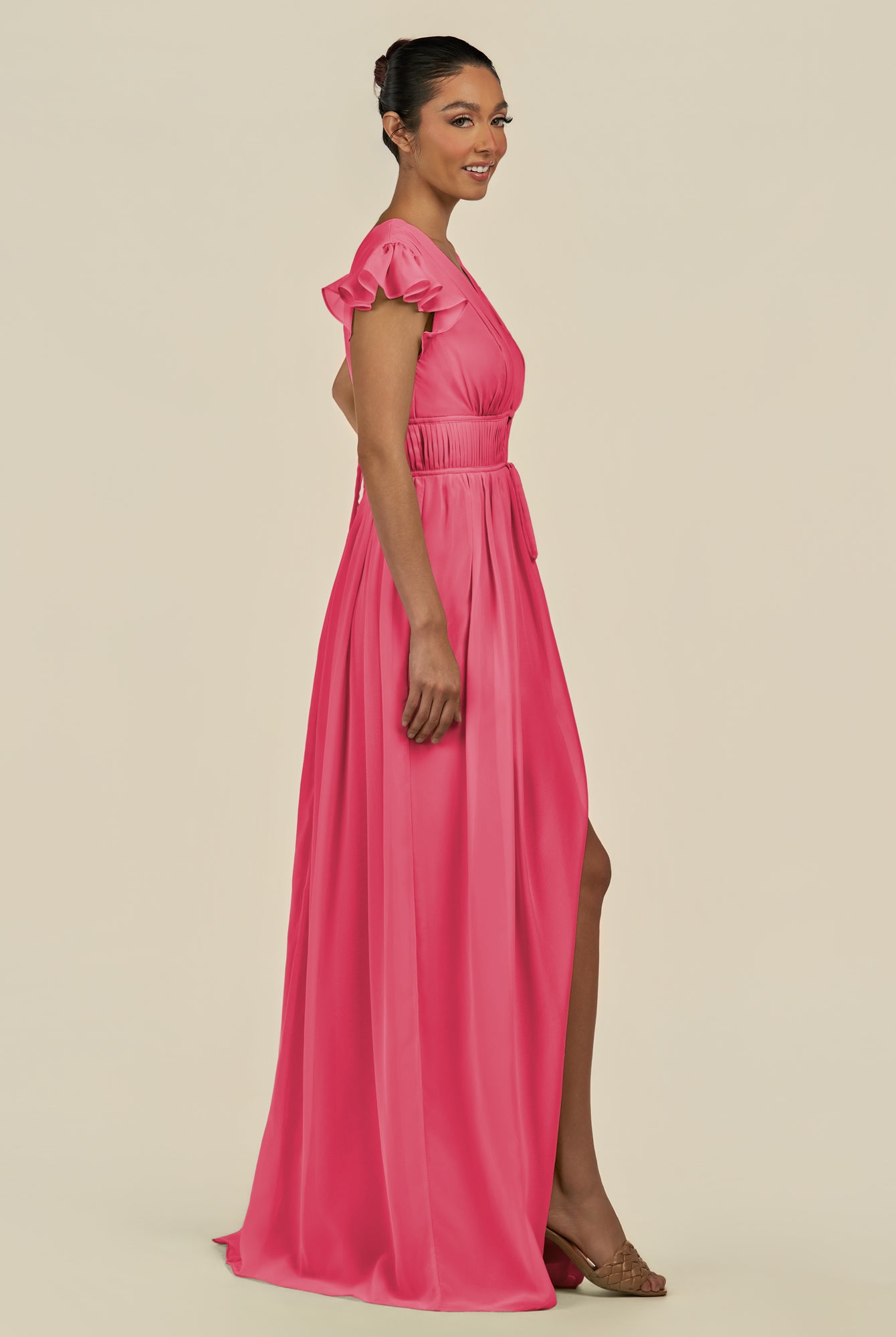 KissDress-Fienna Fuchsia A Line Chiffon Deep V Neck Long Bridesmaid Dress with Flutter Sleeves