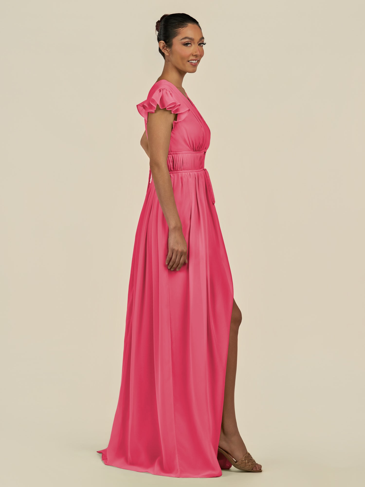 KissDress-Fienna Fuchsia A Line Chiffon Deep V Neck Long Bridesmaid Dress with Flutter Sleeves