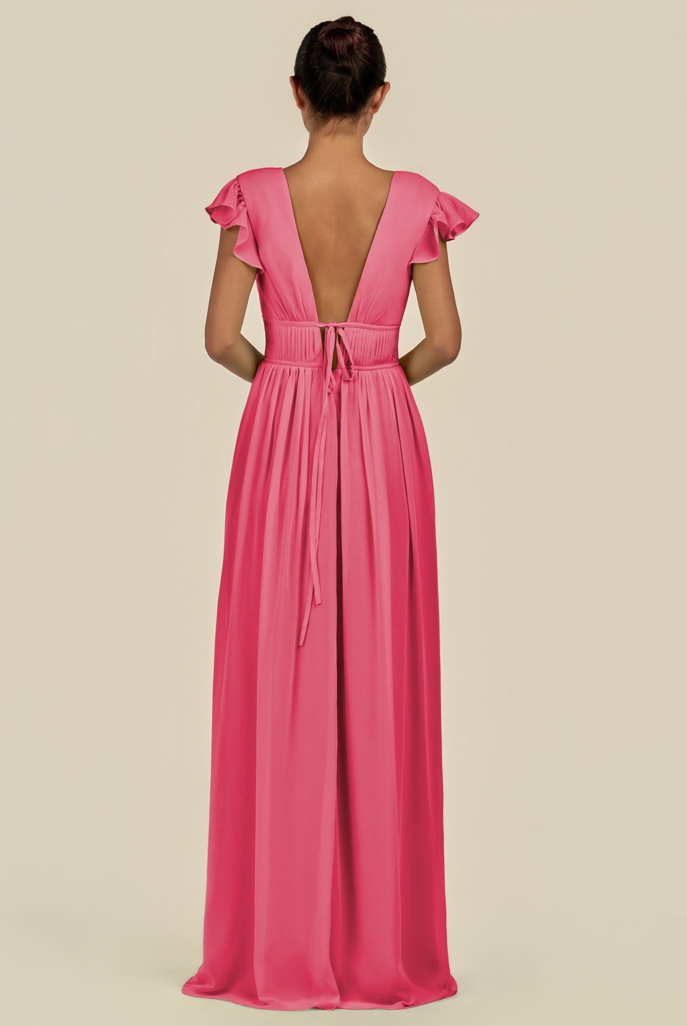 KissDress-Fienna Fuchsia A Line Chiffon Deep V Neck Long Bridesmaid Dress with Flutter Sleeves
