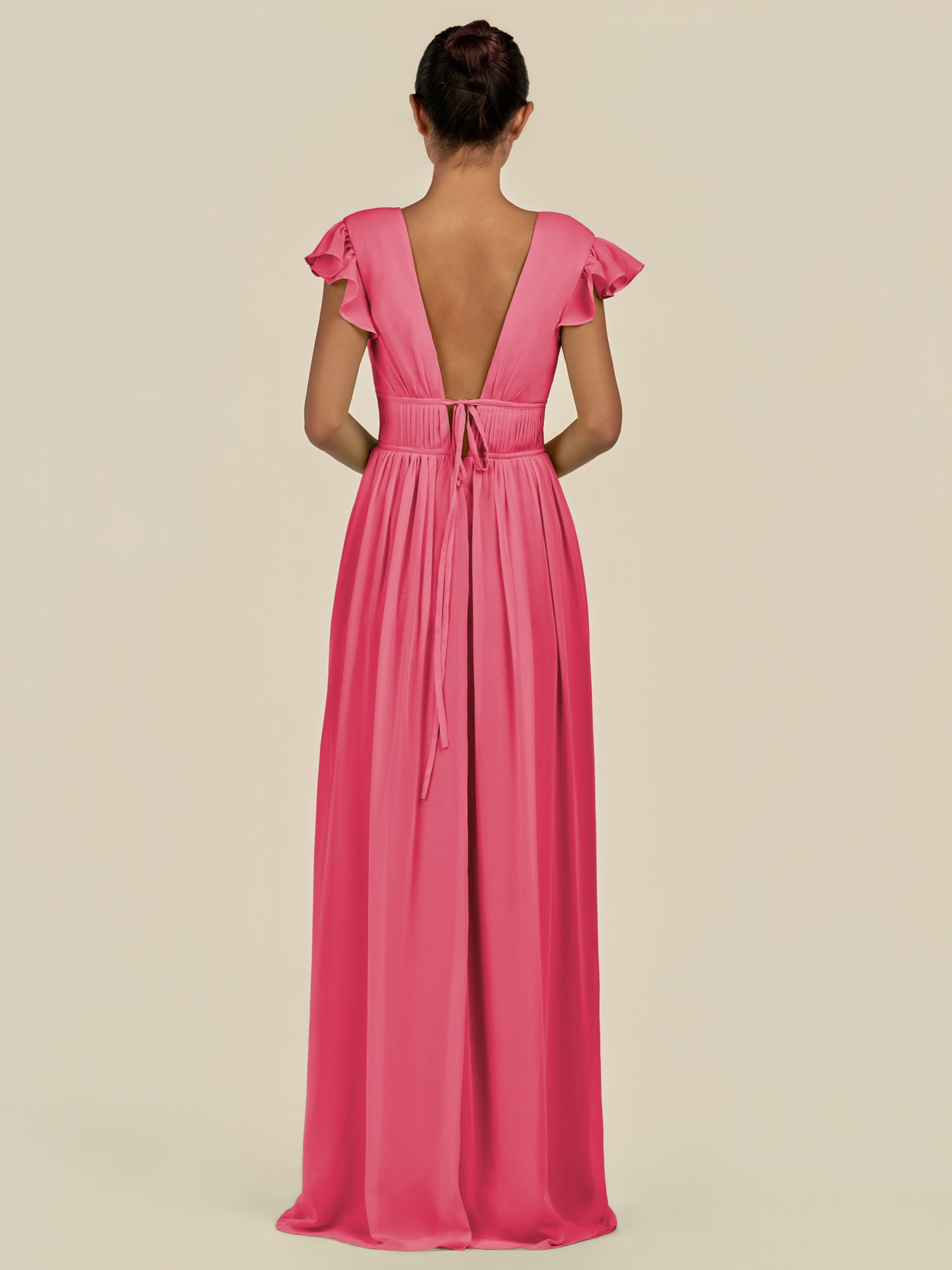 KissDress-Fienna Fuchsia A Line Chiffon Deep V Neck Long Bridesmaid Dress with Flutter Sleeves