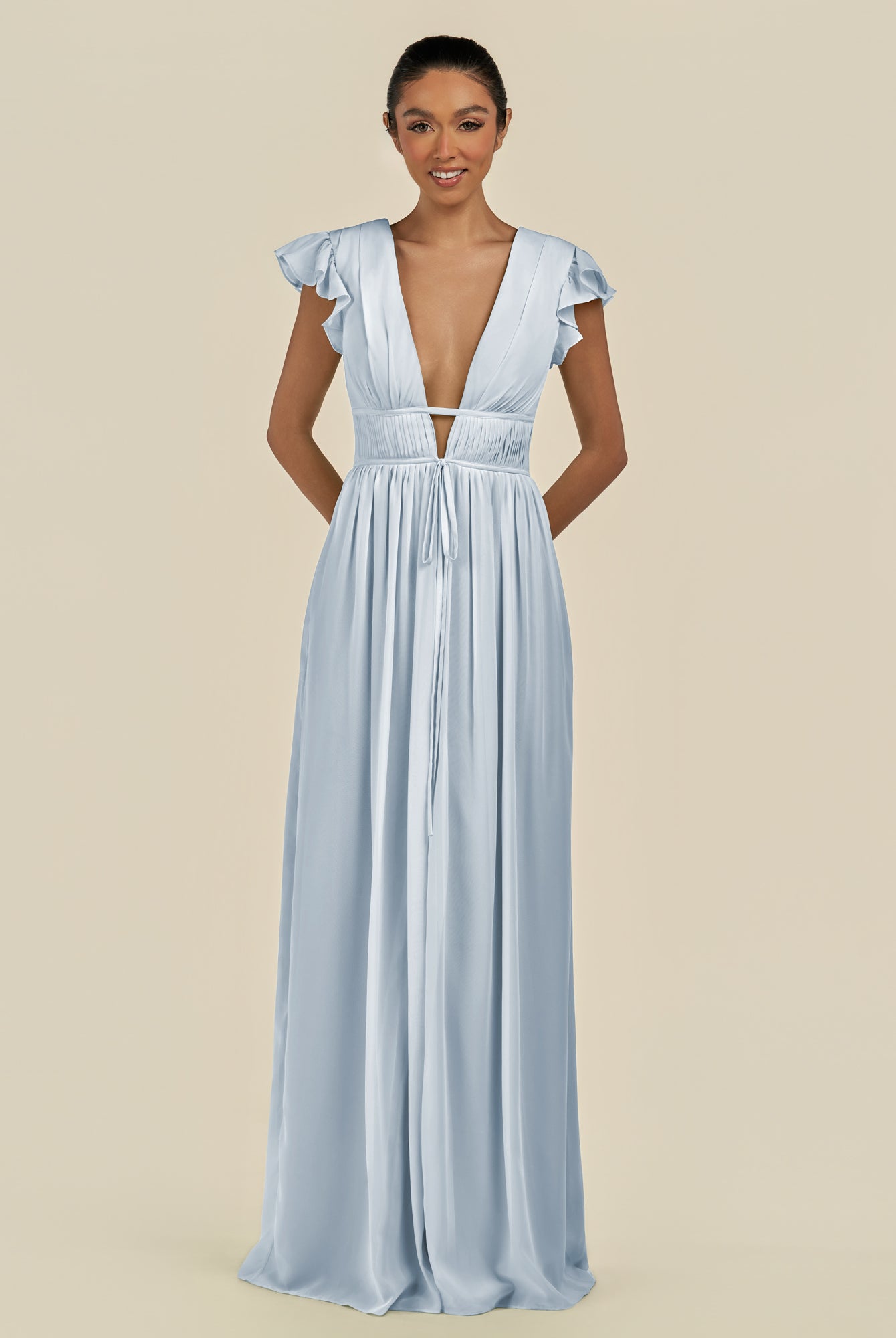 KissDress-Fienna Ice A Line Chiffon Deep V Neck Long Bridesmaid Dress with Flutter Sleeves