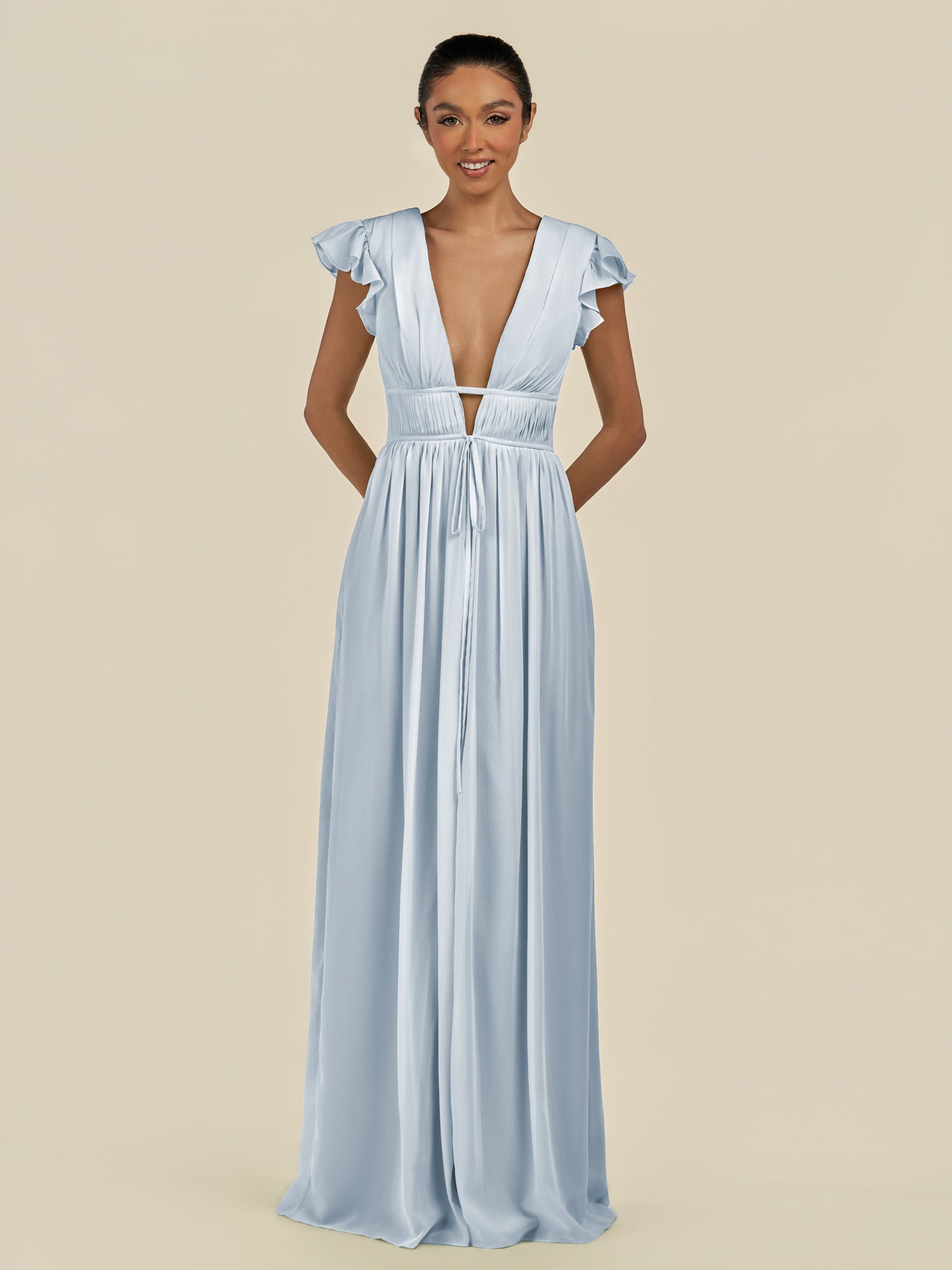 KissDress-Fienna Ice A Line Chiffon Deep V Neck Long Bridesmaid Dress with Flutter Sleeves