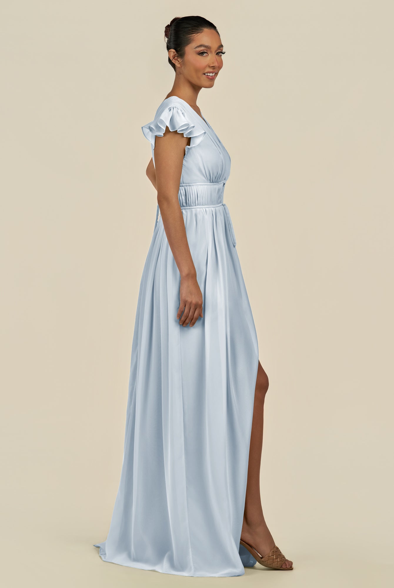 KissDress-Fienna Ice A Line Chiffon Deep V Neck Long Bridesmaid Dress with Flutter Sleeves