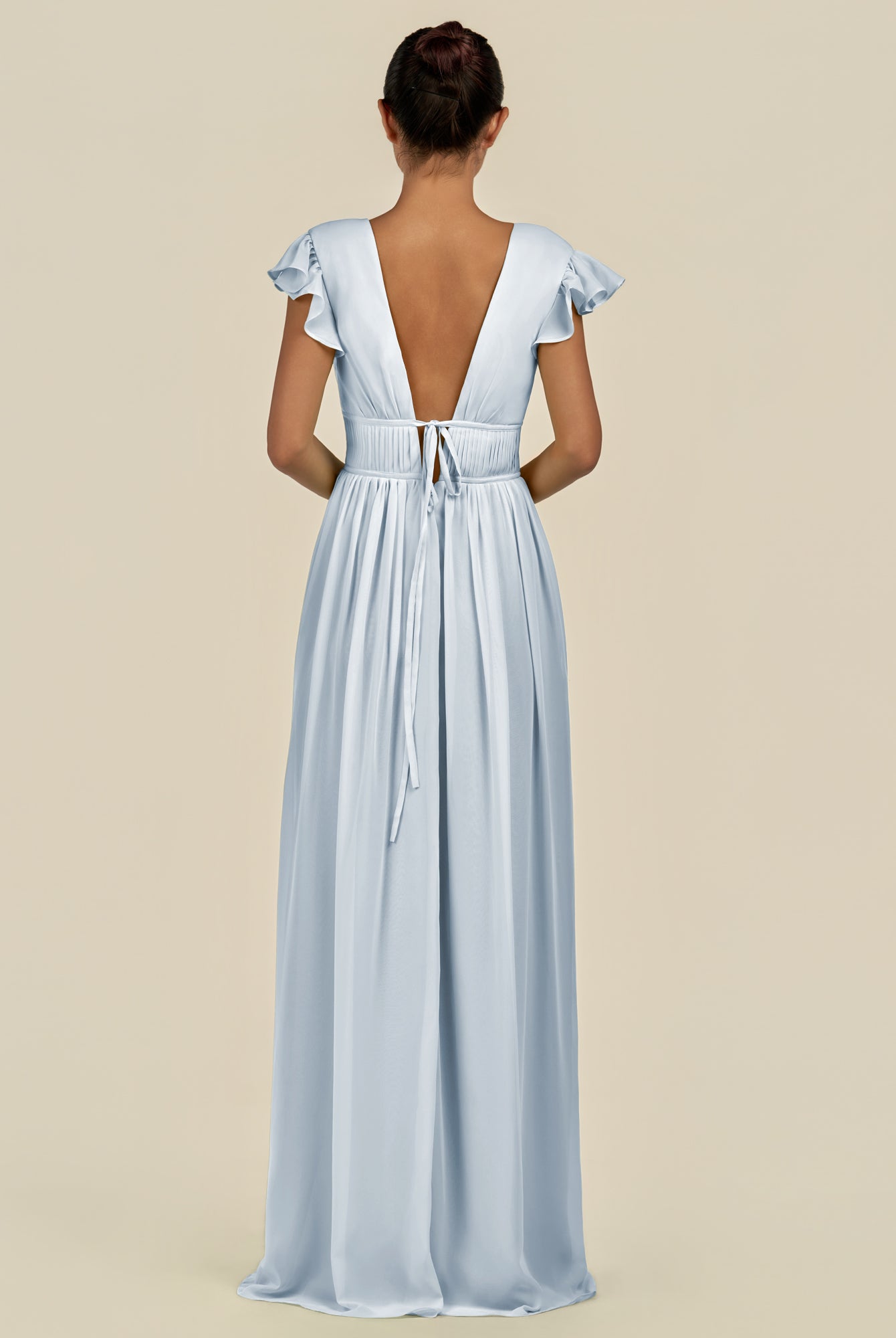 KissDress-Fienna Ice A Line Chiffon Deep V Neck Long Bridesmaid Dress with Flutter Sleeves