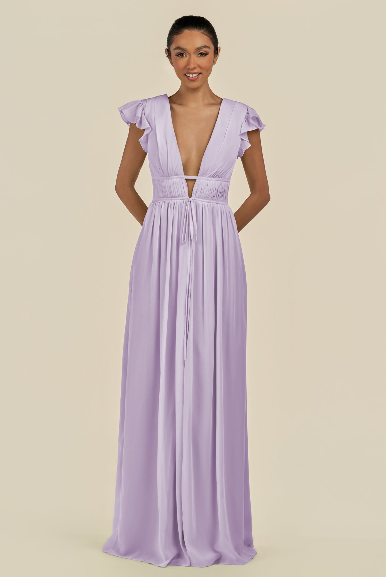 KissDress-Fienna Lavender A Line Chiffon Deep V Neck Long Bridesmaid Dress with Flutter Sleeves