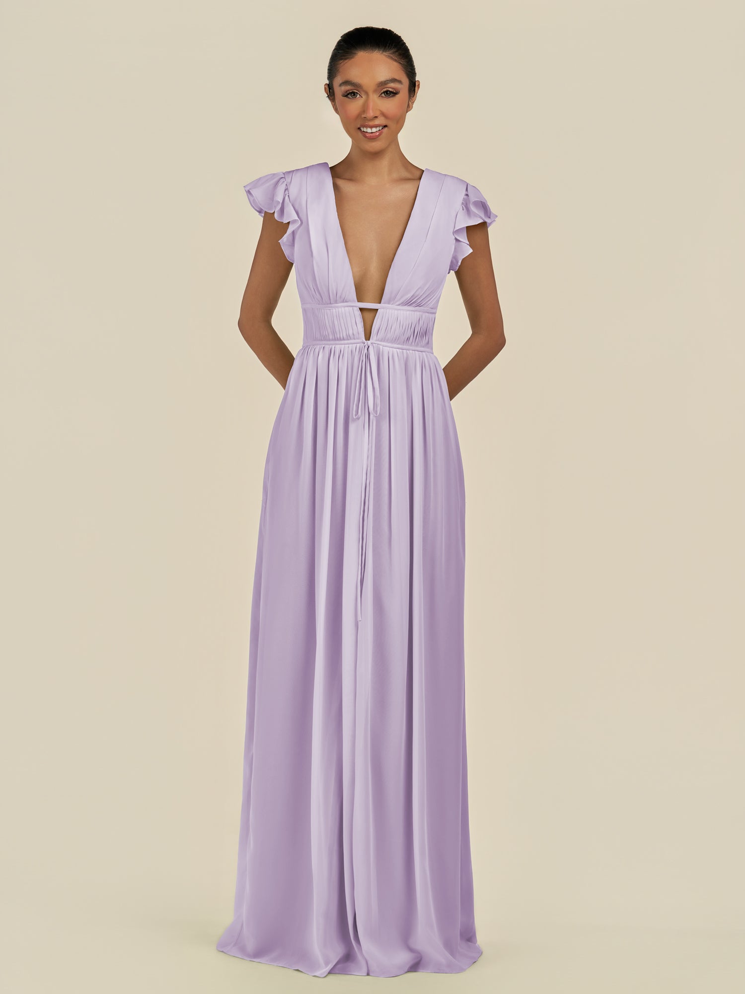 KissDress-Fienna Lavender A Line Chiffon Deep V Neck Long Bridesmaid Dress with Flutter Sleeves