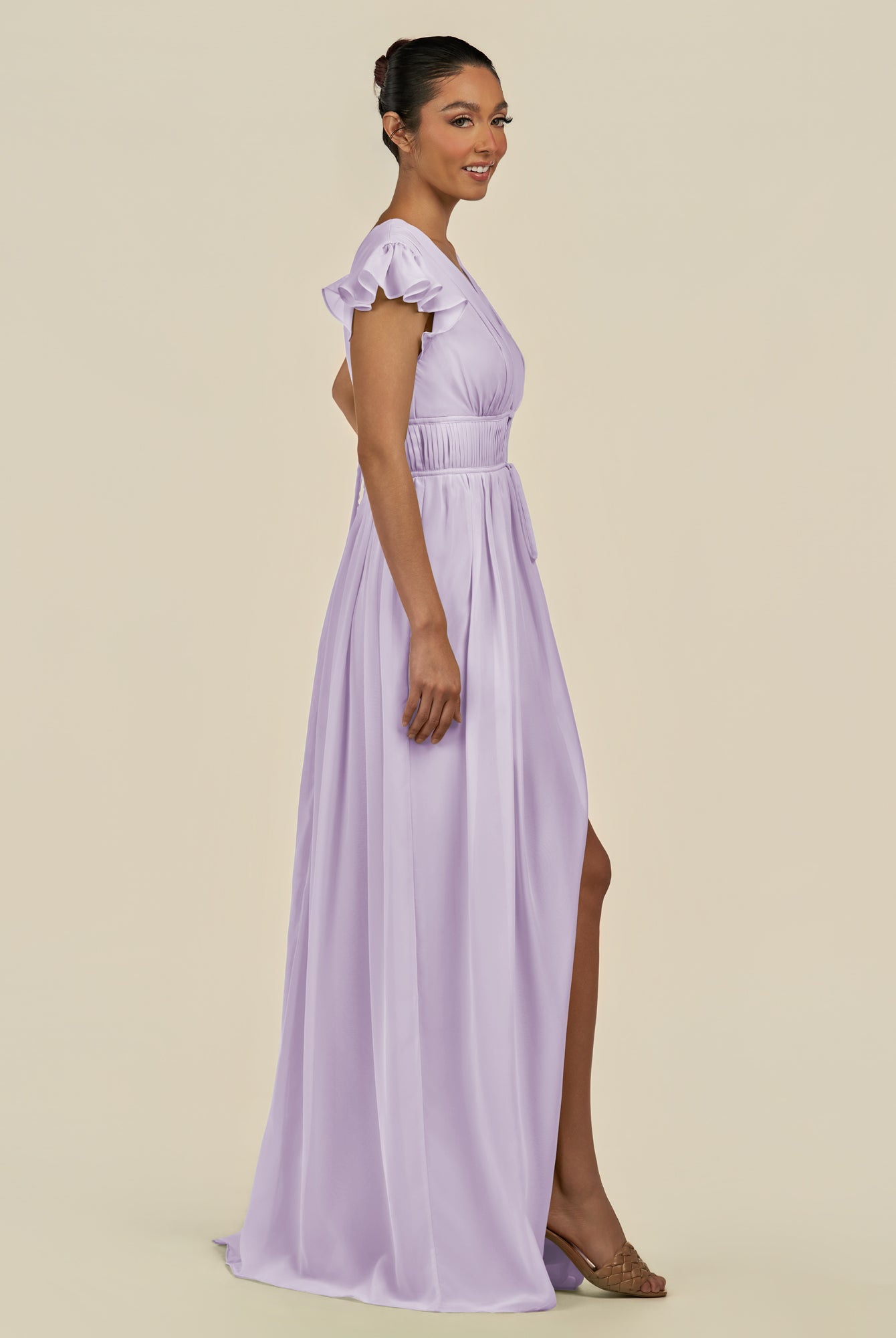 KissDress-Fienna Lavender A Line Chiffon Deep V Neck Long Bridesmaid Dress with Flutter Sleeves