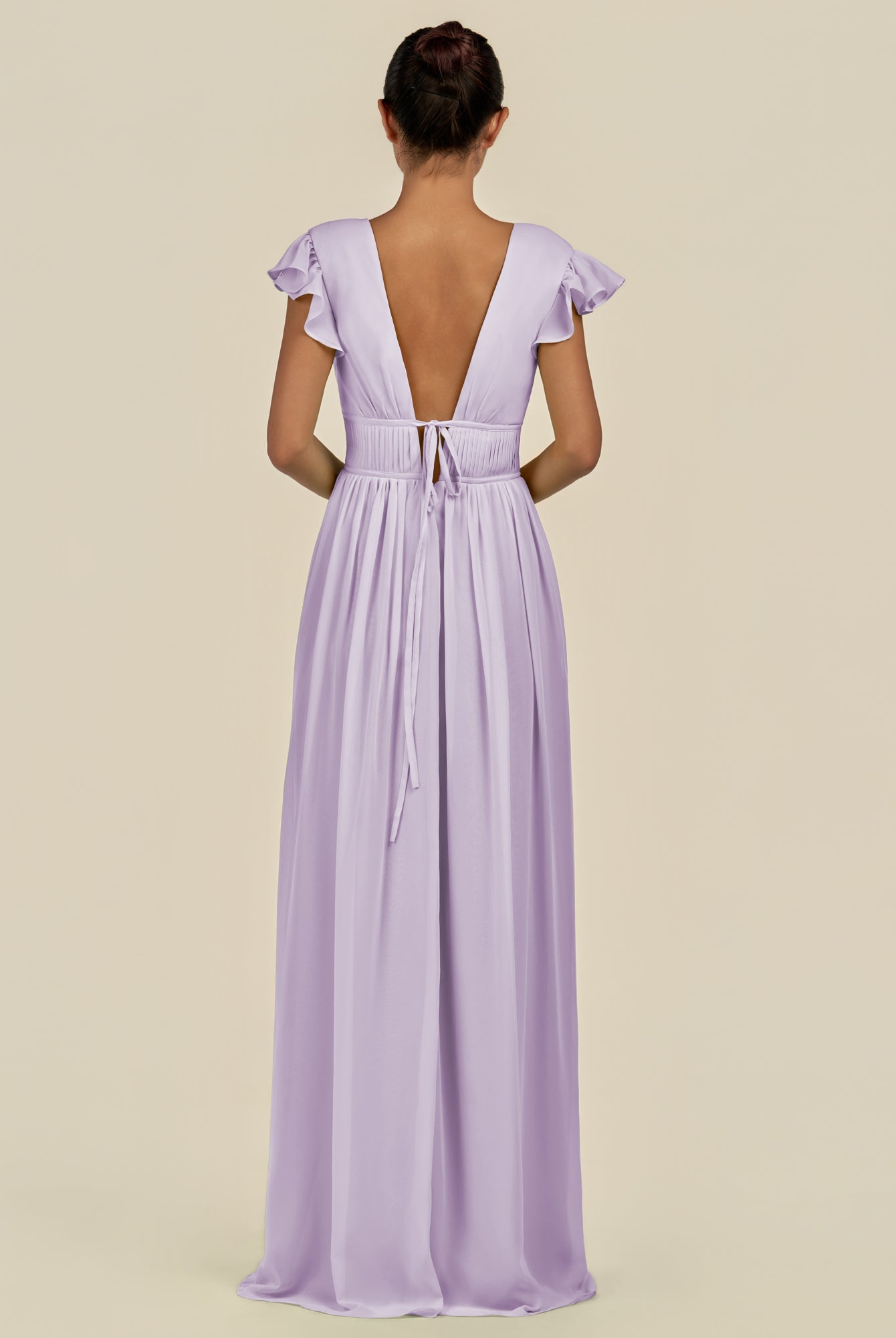 KissDress-Fienna Lavender A Line Chiffon Deep V Neck Long Bridesmaid Dress with Flutter Sleeves