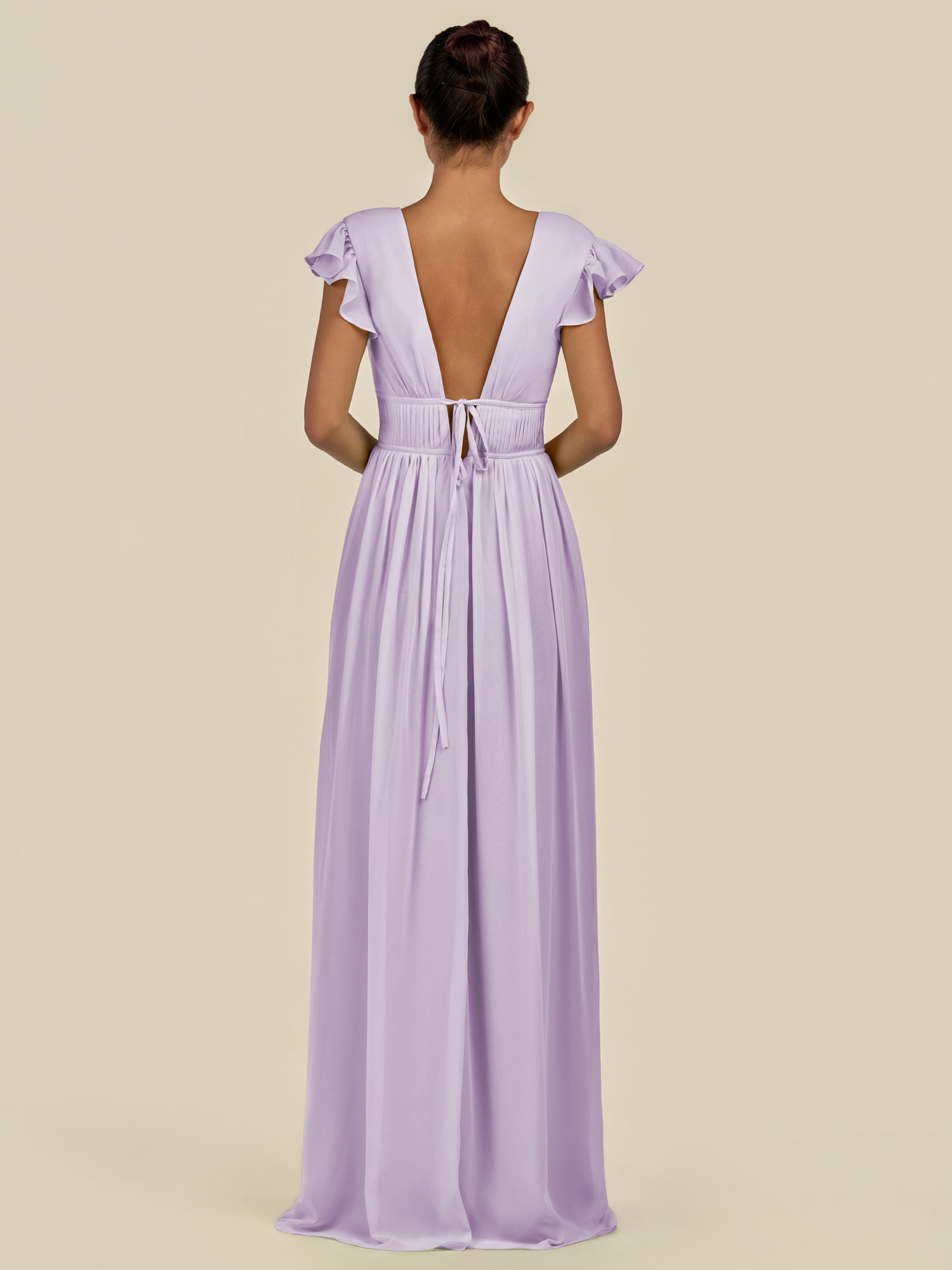 KissDress-Fienna Lavender A Line Chiffon Deep V Neck Long Bridesmaid Dress with Flutter Sleeves