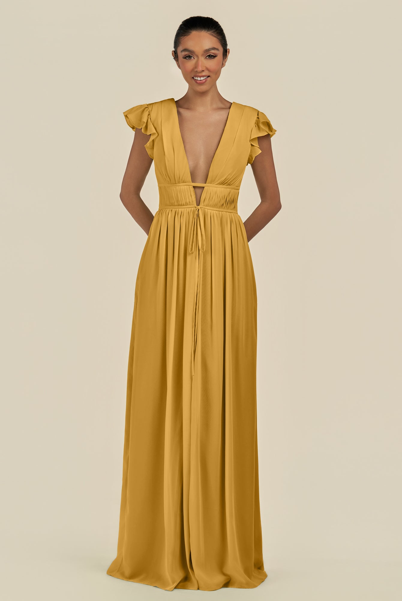 KissDress-Fienna Marigold A Line Chiffon Deep V Neck Long Bridesmaid Dress with Flutter Sleeves