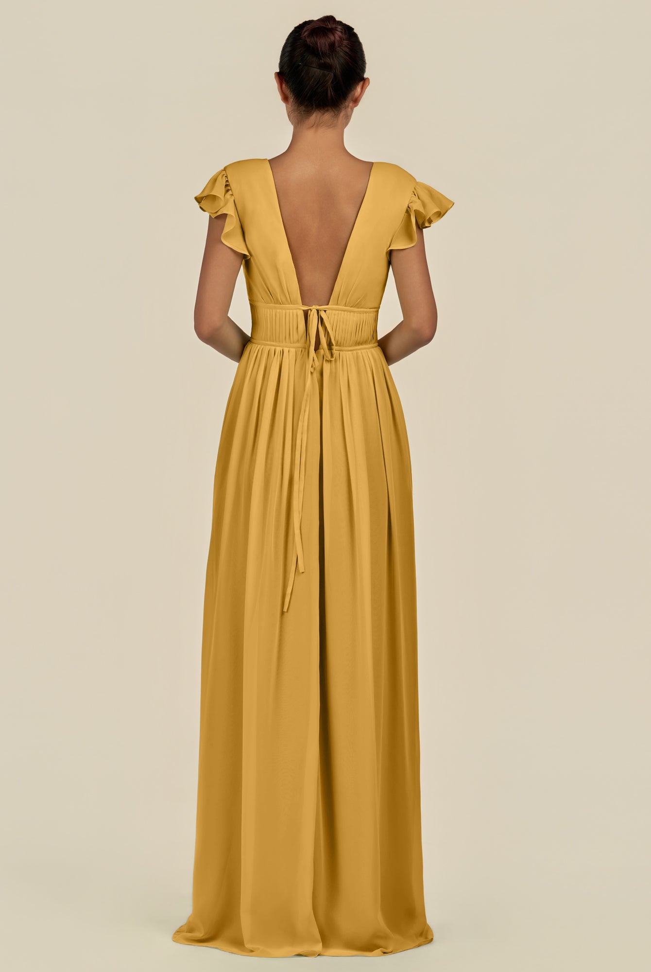 KissDress-Fienna Marigold A Line Chiffon Deep V Neck Long Bridesmaid Dress with Flutter Sleeves