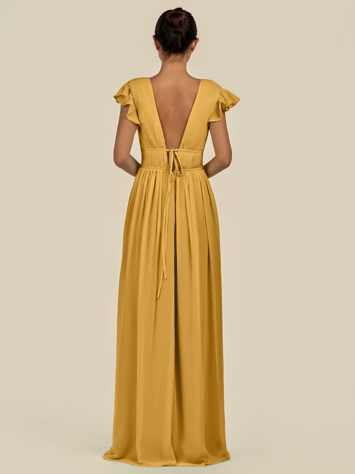 KissDress-Fienna Marigold A Line Chiffon Deep V Neck Long Bridesmaid Dress with Flutter Sleeves