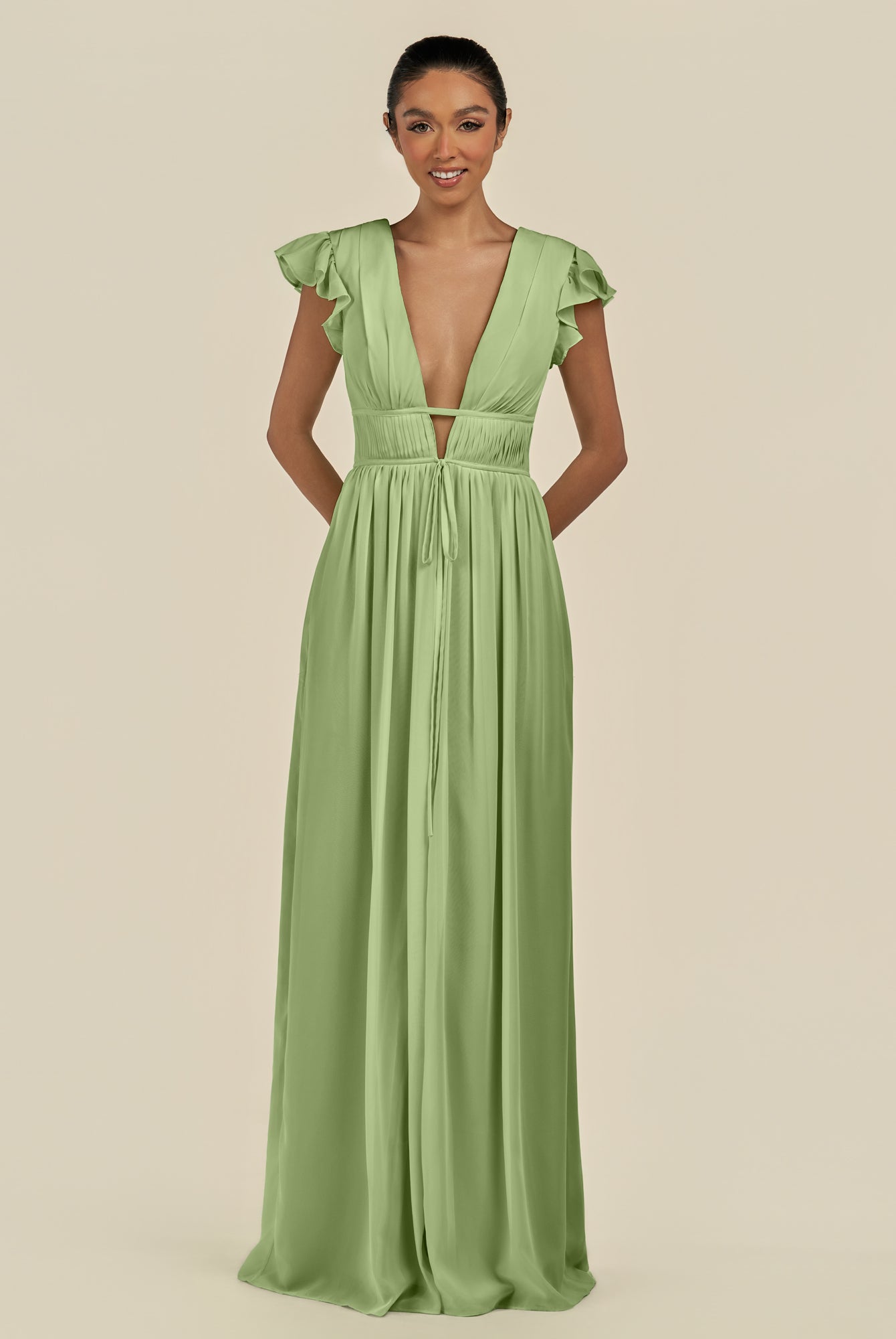 KissDress-Fienna Matcha A Line Chiffon Deep V Neck Long Bridesmaid Dress with Flutter Sleeves