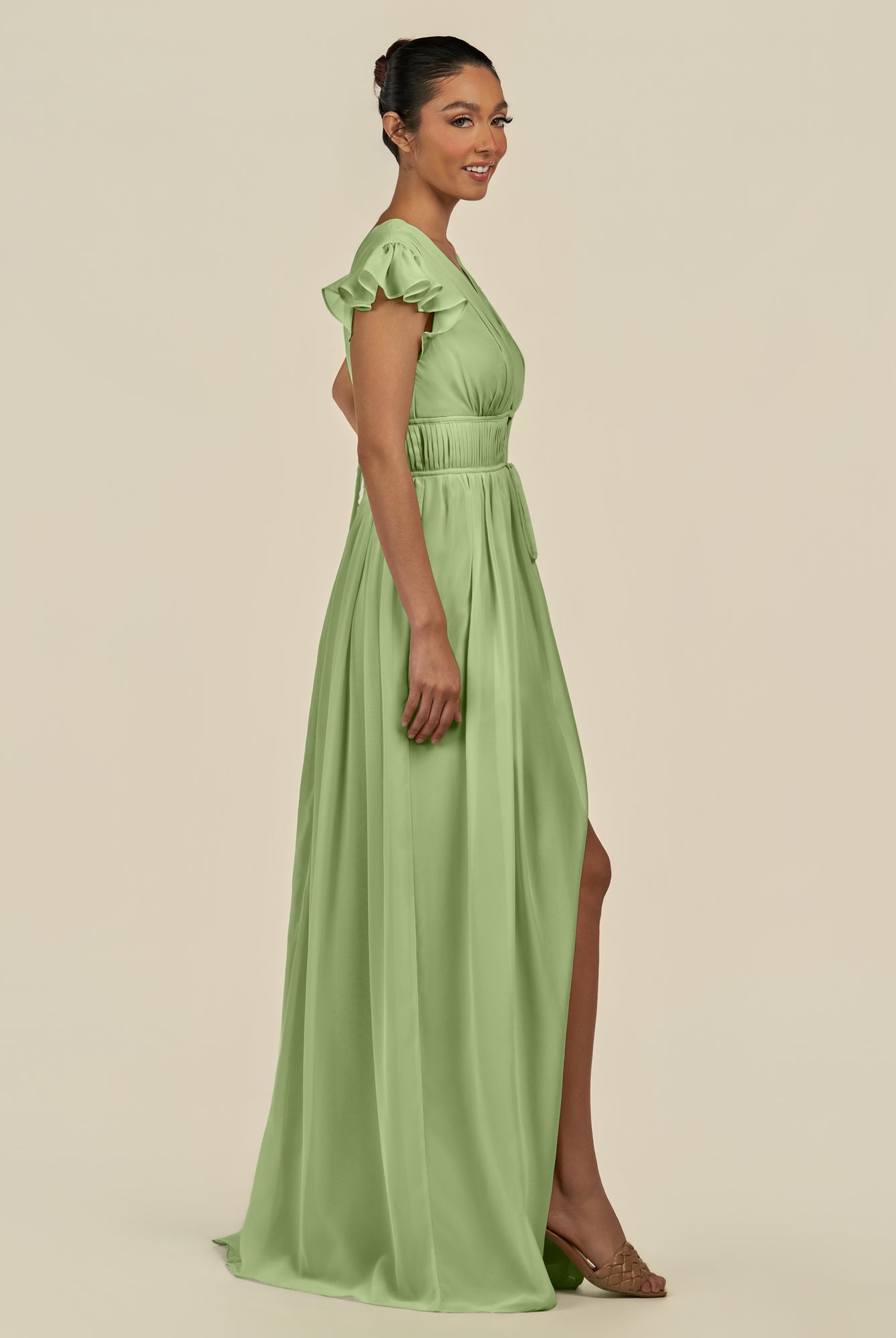 KissDress-Fienna Matcha A Line Chiffon Deep V Neck Long Bridesmaid Dress with Flutter Sleeves