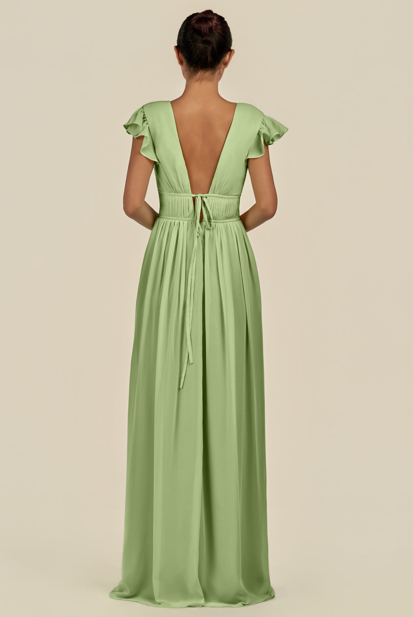 KissDress-Fienna Matcha A Line Chiffon Deep V Neck Long Bridesmaid Dress with Flutter Sleeves