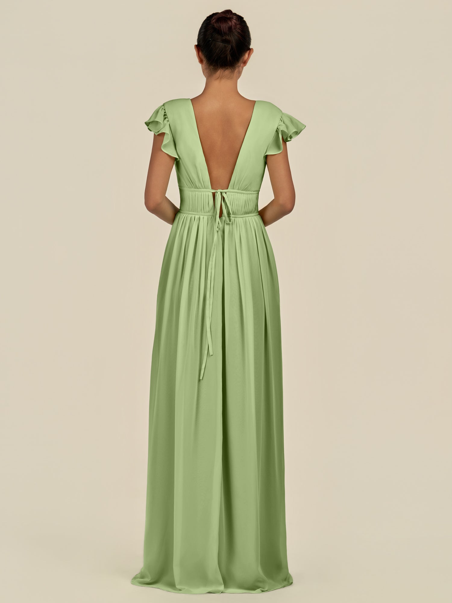 KissDress-Fienna Matcha A Line Chiffon Deep V Neck Long Bridesmaid Dress with Flutter Sleeves