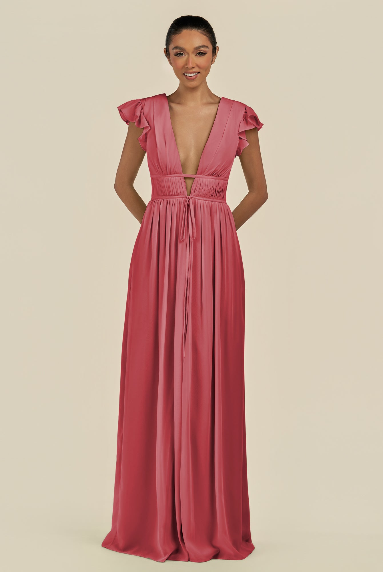 KissDress-Fienna Merlot A Line Chiffon Deep V Neck Long Bridesmaid Dress with Flutter Sleeves