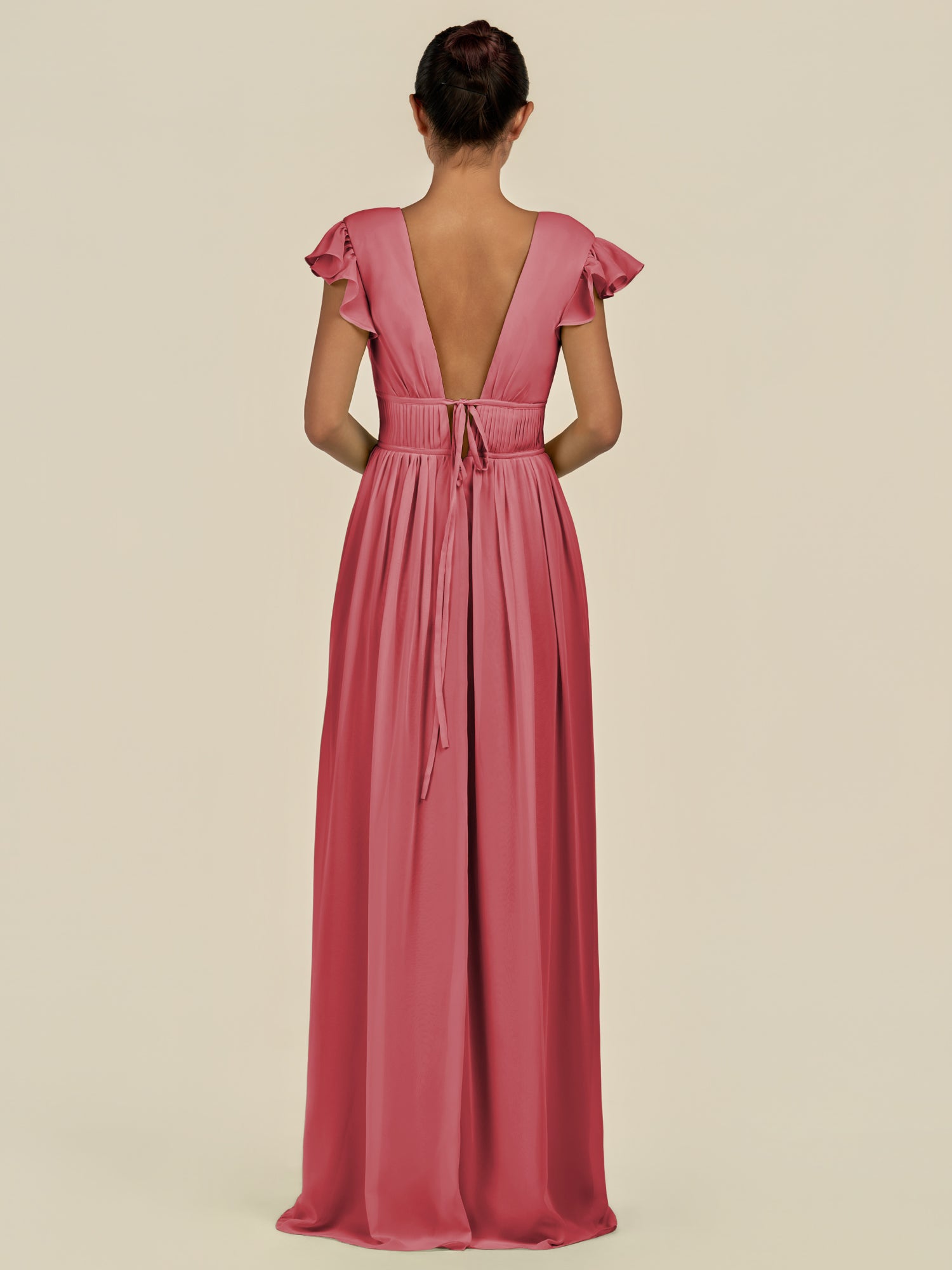 KissDress-Fienna Merlot A Line Chiffon Deep V Neck Long Bridesmaid Dress with Flutter Sleeves
