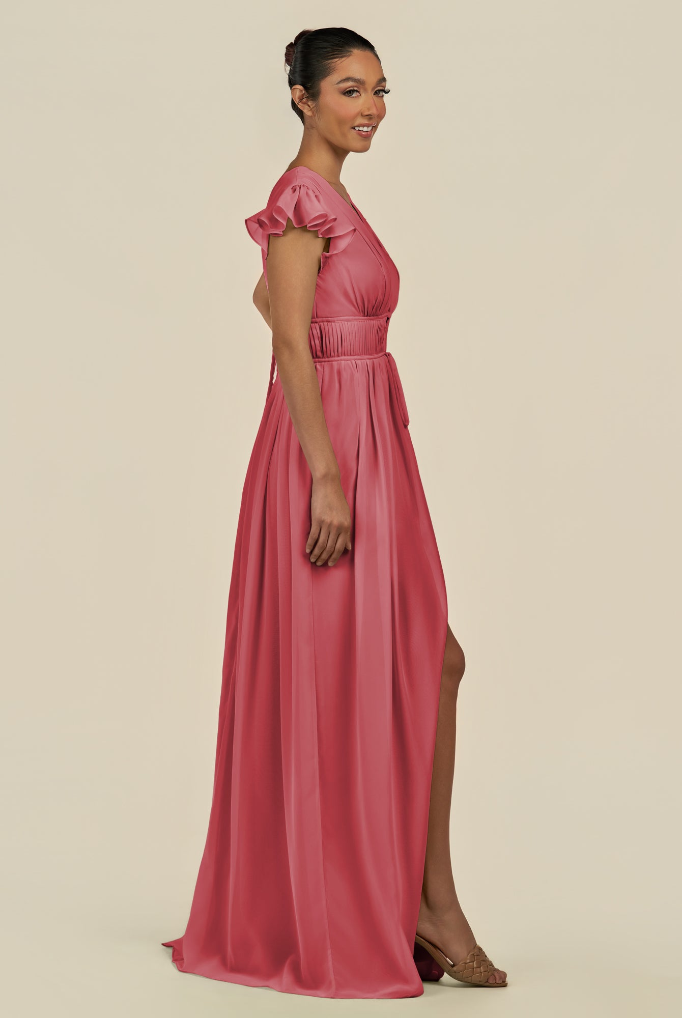 KissDress-Fienna Merlot A Line Chiffon Deep V Neck Long Bridesmaid Dress with Flutter Sleeves