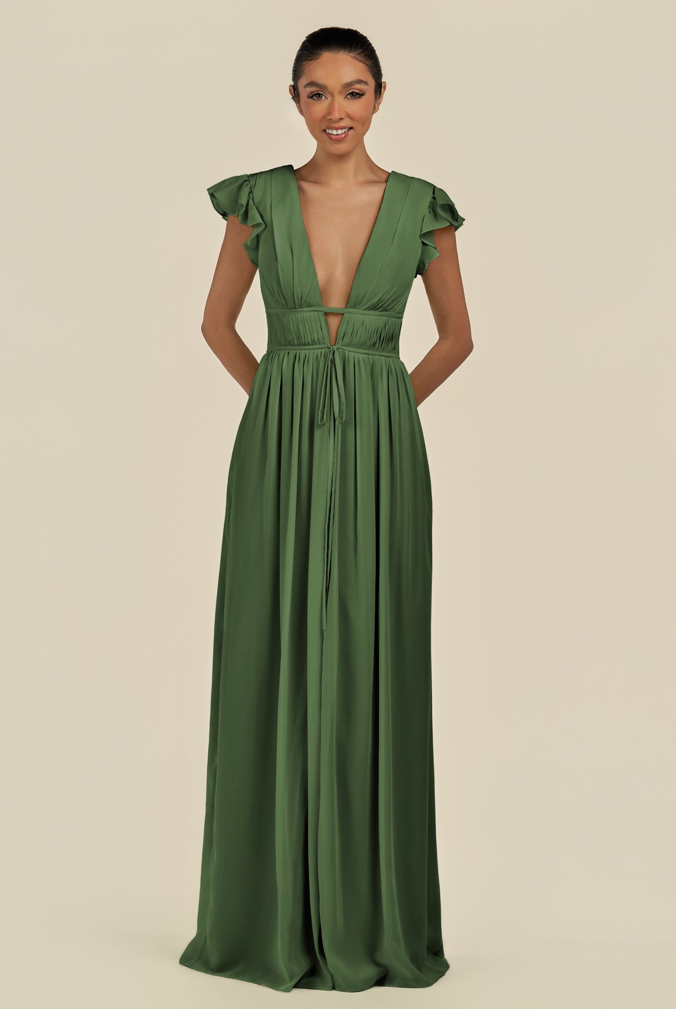 KissDress-Fienna Moss A Line Chiffon Deep V Neck Long Bridesmaid Dress with Flutter Sleeves