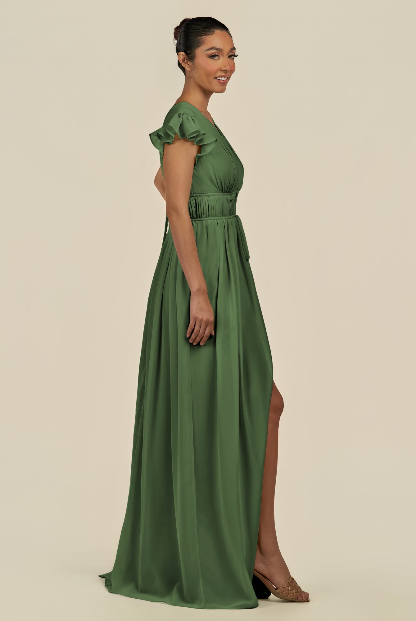 KissDress-Fienna Moss A Line Chiffon Deep V Neck Long Bridesmaid Dress with Flutter Sleeves