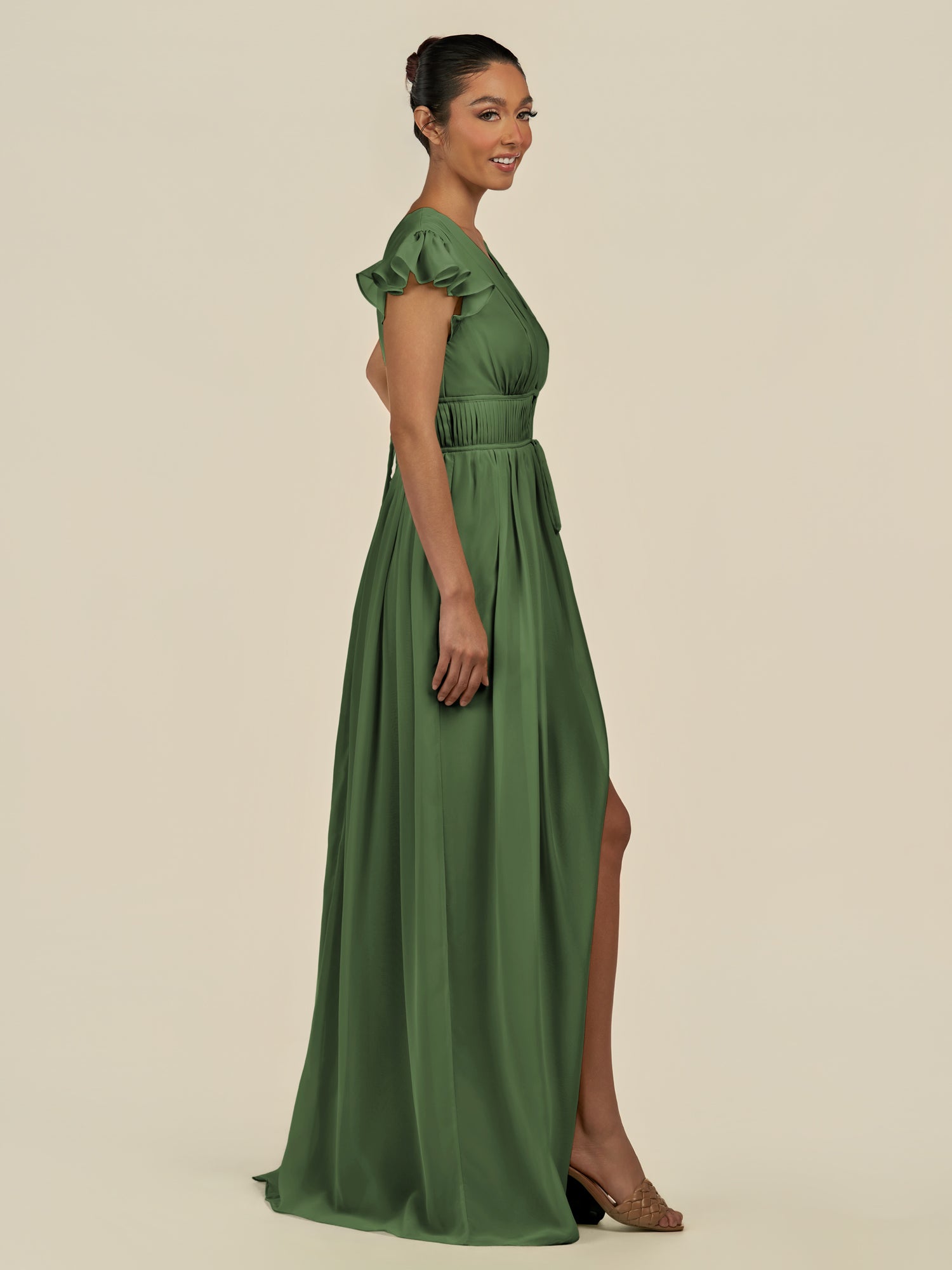 KissDress-Fienna Moss A Line Chiffon Deep V Neck Long Bridesmaid Dress with Flutter Sleeves