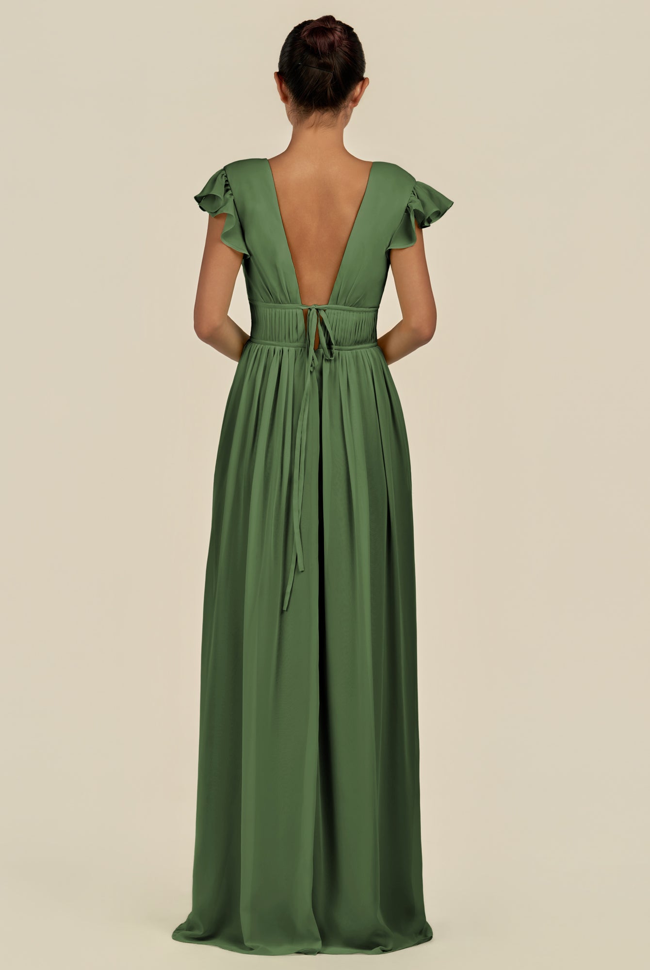 KissDress-Fienna Moss A Line Chiffon Deep V Neck Long Bridesmaid Dress with Flutter Sleeves