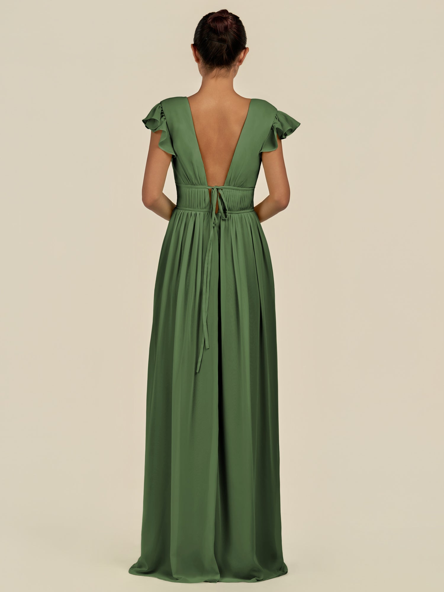 KissDress-Fienna Moss A Line Chiffon Deep V Neck Long Bridesmaid Dress with Flutter Sleeves