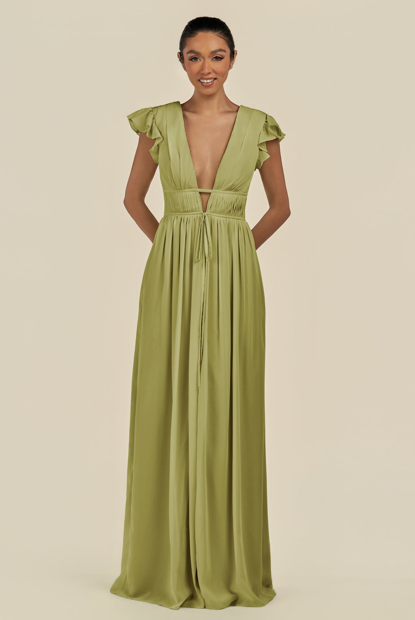 KissDress-Fienna Moss Green A Line Chiffon Deep V Neck Long Bridesmaid Dress with Flutter Sleeves
