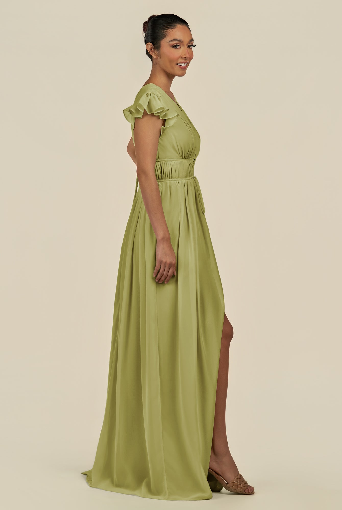 KissDress-Fienna Moss Green A Line Chiffon Deep V Neck Long Bridesmaid Dress with Flutter Sleeves